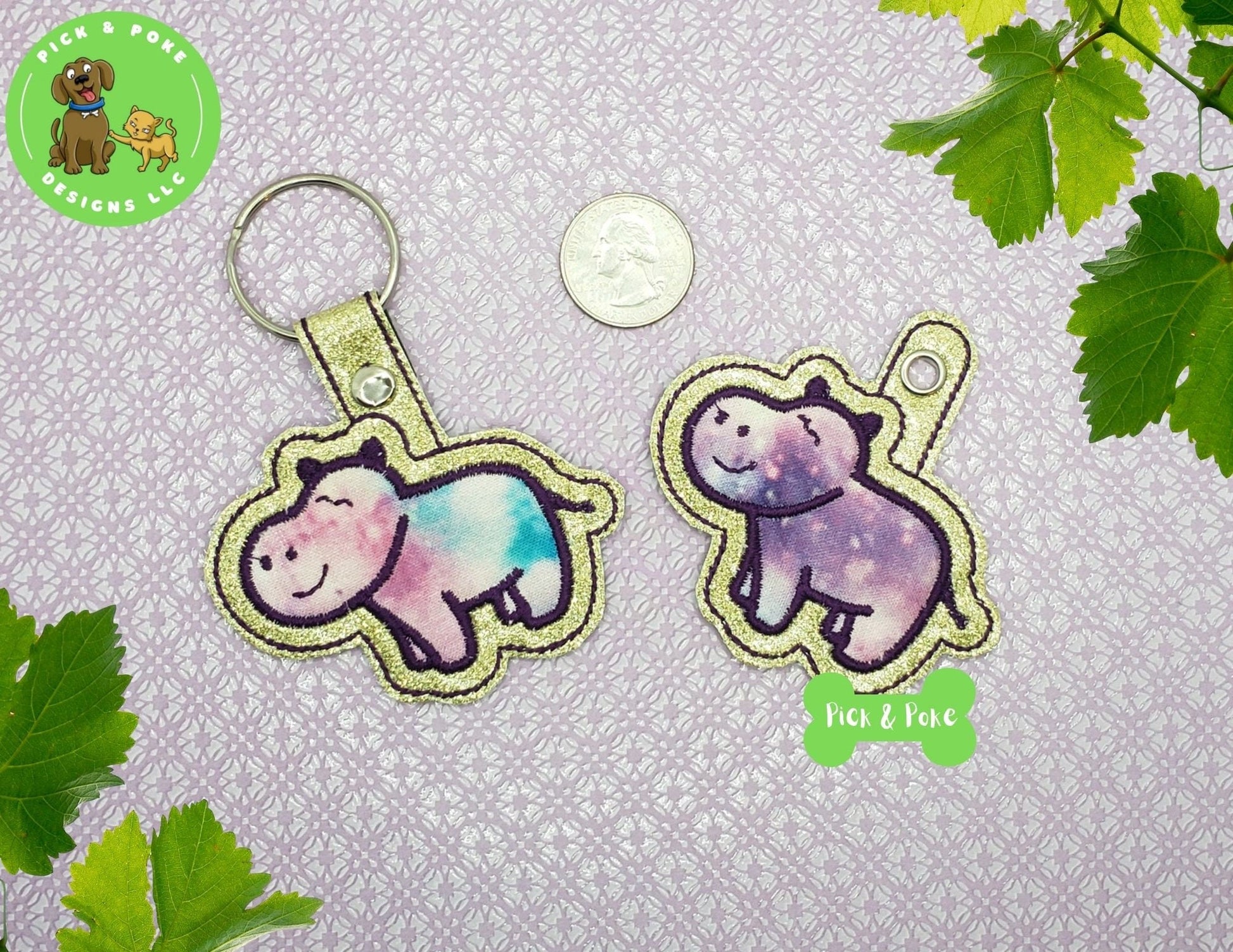 In the Hoop Embroidery Project Cute Applique Hippo Snap Tab and Eyelet Key Fob / Gift Tag / Digital File / Instant DOWNLOAD / ITHPick and Poke Designs