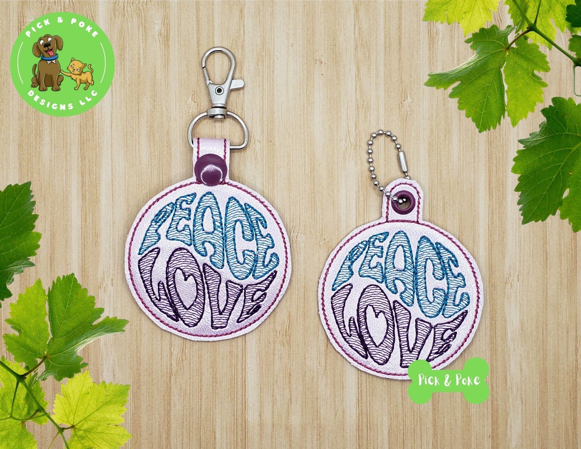 In the Hoop Embroidery Project / Peace Love Hippie 70s Snap Tab and Eyelet Key Fob / Gift Tag  / ITH / Digital File / Instant DOWNLOAD / SetPick and Poke Designs