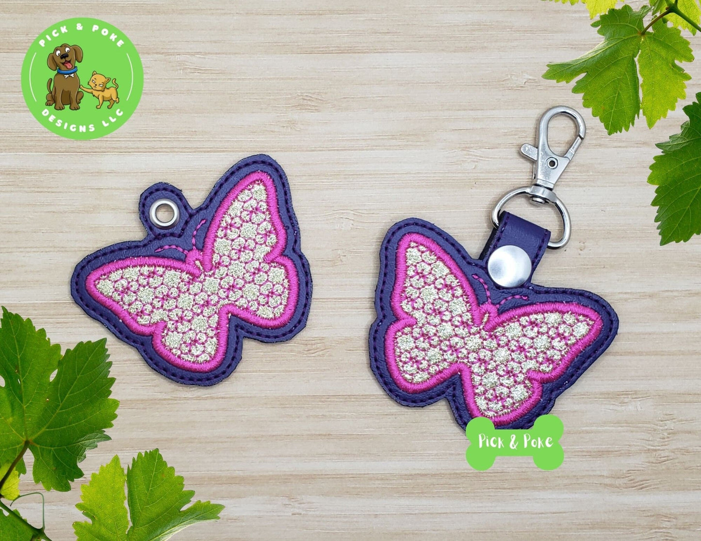 In the Hoop Embroidery Project Applique Butterfly with Motif Fill Snap Tab and Eyelet Key Fob / Gift Tag / Digital File / DOWNLOAD / ITHPick and Poke Designs