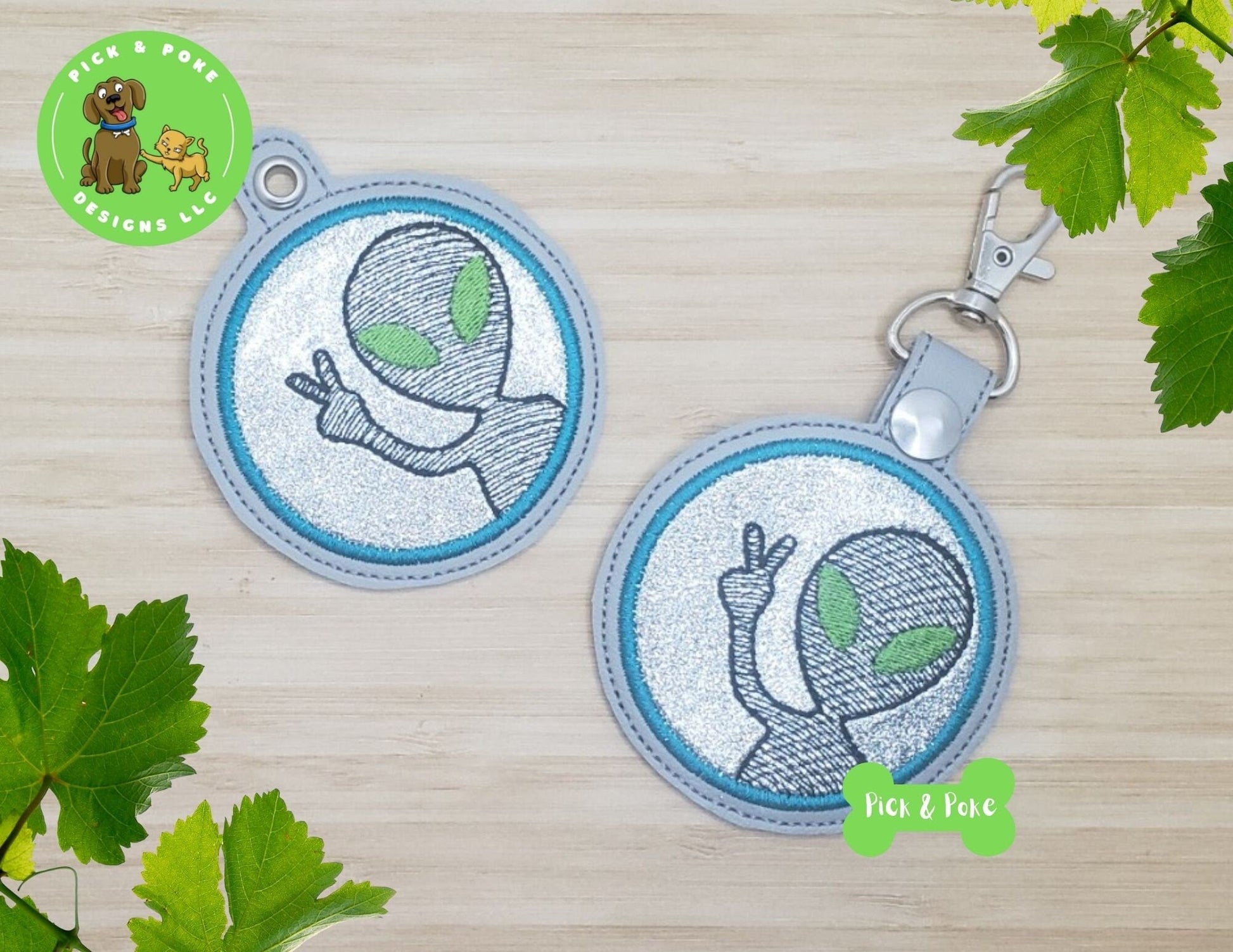 In the Hoop Embroidery Project Groovy Alien Peace Sign Sketch Fill Snap Tab and Eyelet Key Fob / Gift Tag / Digital File / Instant DOWNLOADPick and Poke Designs