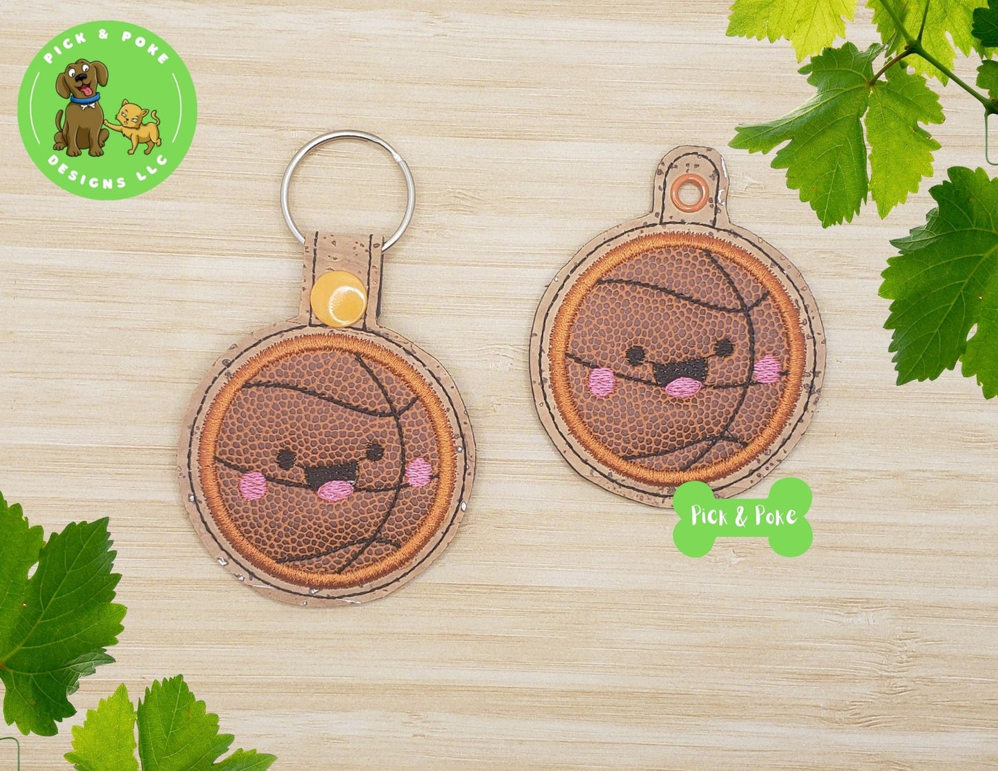 In the Hoop Embroidery Project Cute Kawaii Basketball Applique Snap Tab Eyelet Key Fob / Gift Tag / Digital File / Instant DOWNLOAD / ITHPick and Poke Designs
