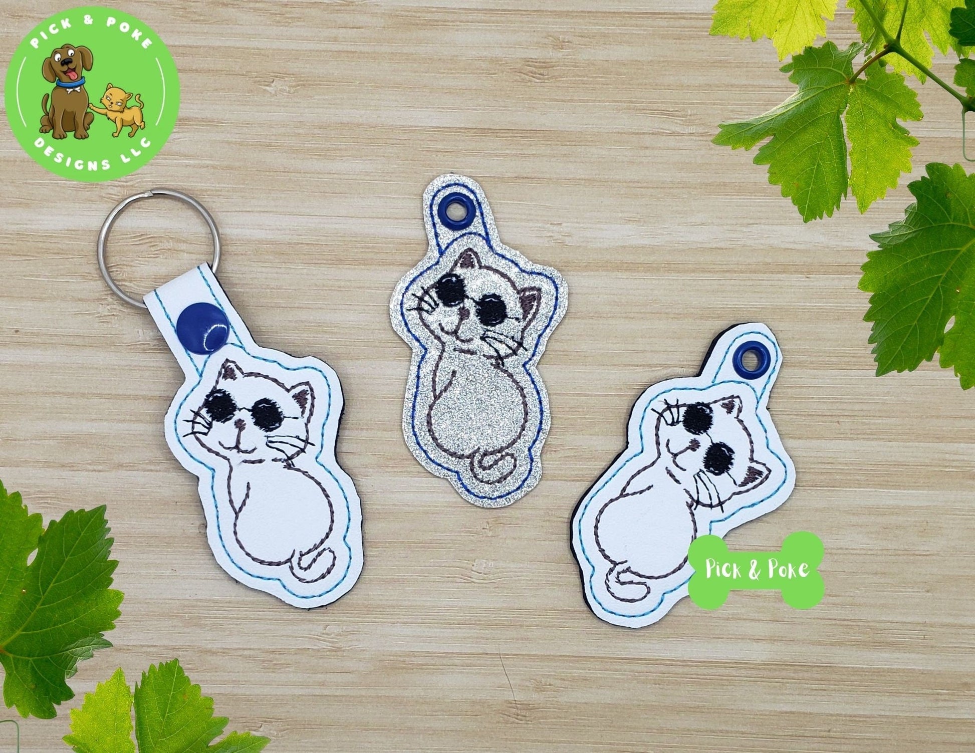 In the Hoop Embroidery Project Cute Cool Cat with Sunglasses Snap Tab and Eyelet Key Fob / Gift Tag / Digital File / Instant DOWNLOAD / ITHPick and Poke Designs