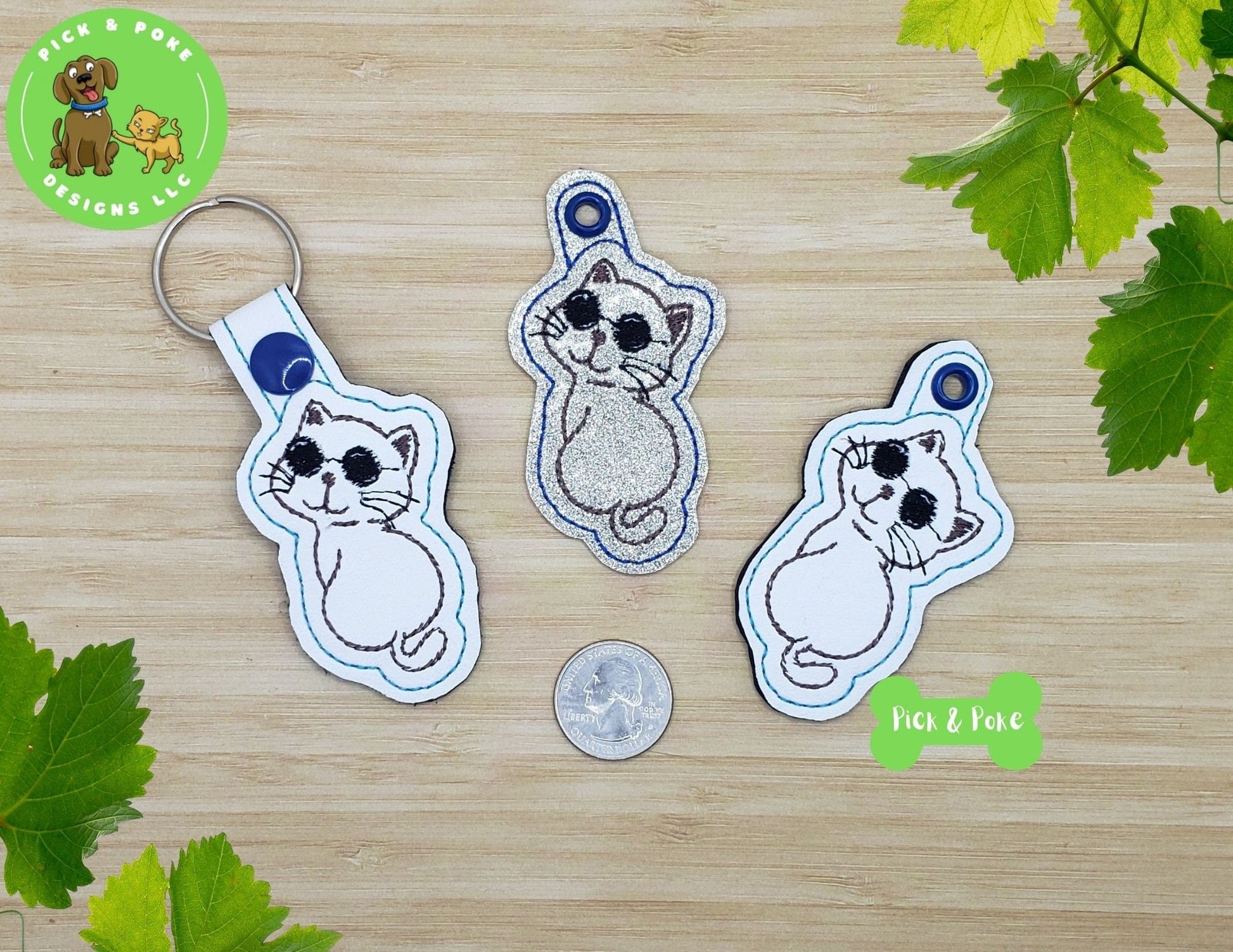 In the Hoop Embroidery Project Cute Cool Cat with Sunglasses Snap Tab and Eyelet Key Fob / Gift Tag / Digital File / Instant DOWNLOAD / ITHPick and Poke Designs