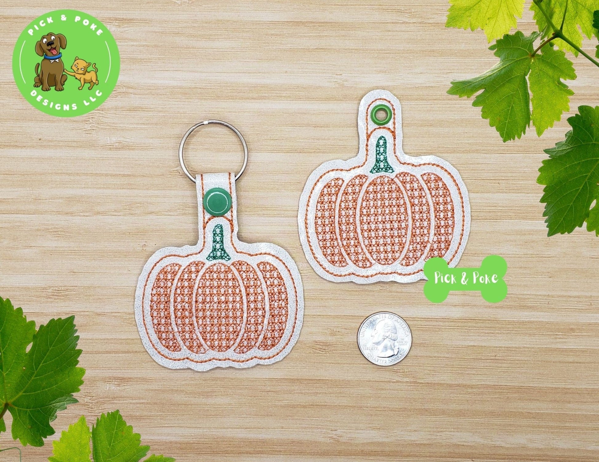 In the Hoop Embroidery Project Pumpkin with Decorative Motif Stitch Snap Tab and Eyelet Key Fob / Gift Tag / Digital File / DOWNLOAD / ITHPick and Poke Designs