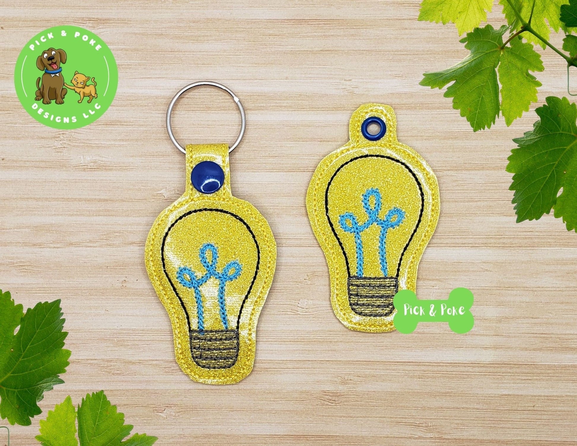 In the Hoop Embroidery Project Cute Light Bulb  Snap Tab and Eyelet Key Fob / Gift Tag / Digital File / Instant DOWNLOAD / ITHPick and Poke Designs