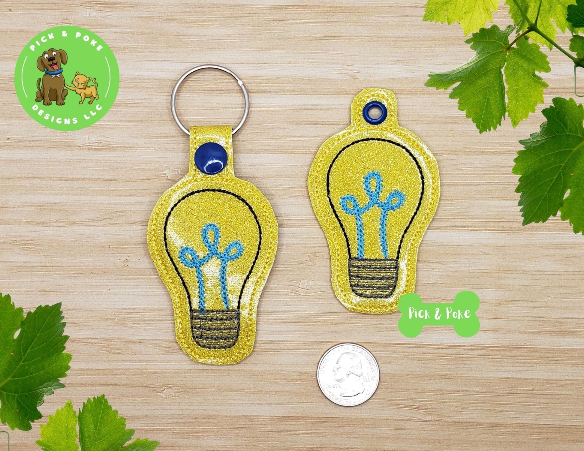 In the Hoop Embroidery Project Cute Light Bulb  Snap Tab and Eyelet Key Fob / Gift Tag / Digital File / Instant DOWNLOAD / ITHPick and Poke Designs