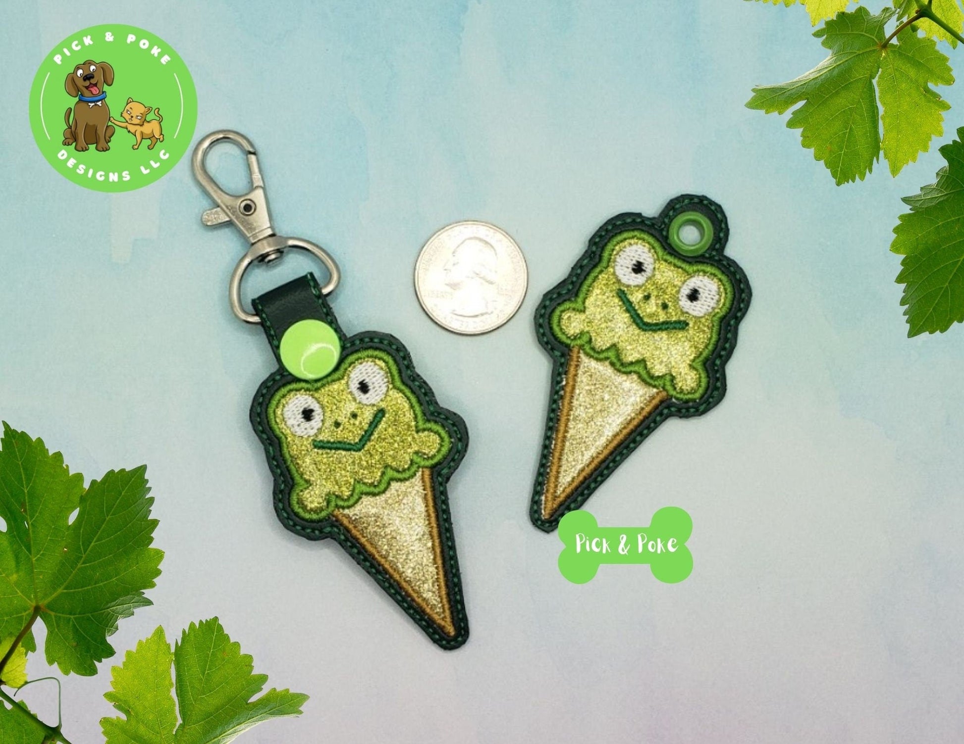 In the Hoop Embroidery Project Cute Applique Frog Ice Cream Snap Tab and Eyelet Key Fob / Gift Tag / Digital File / Instant DOWNLOAD / ITHPick and Poke Designs