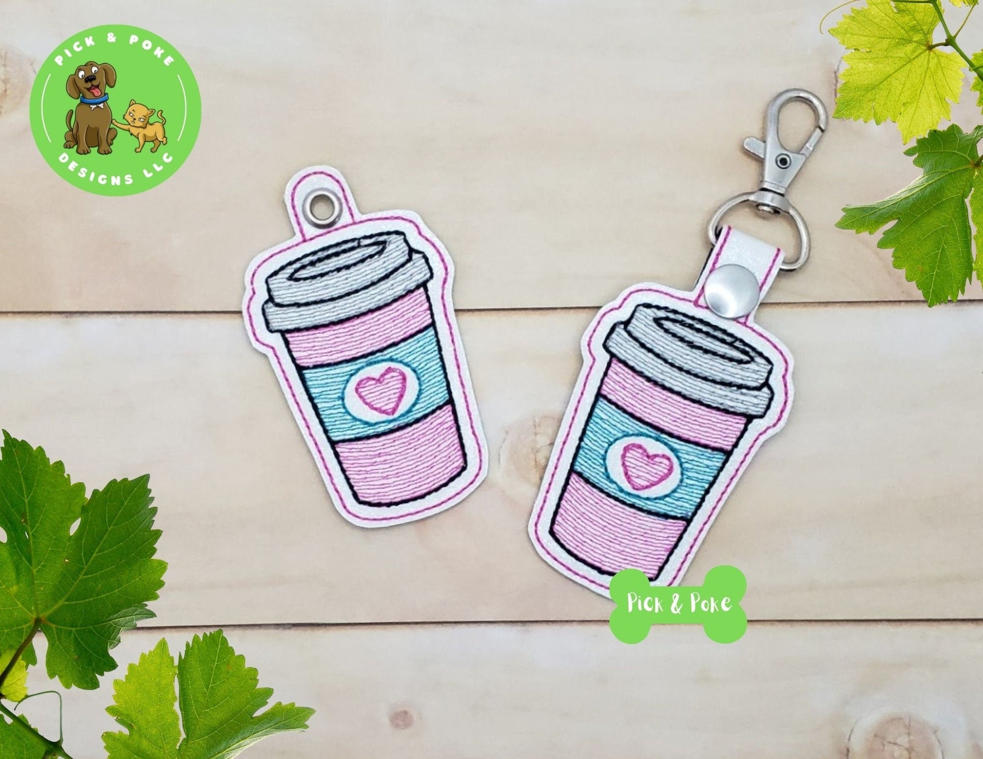 In the Hoop Embroidery Project Cute Coffee Cup with Heart Snap Tab and Eyelet Key Fob / Gift Tag / Digital File / Instant DOWNLOAD / ITHPick and Poke Designs