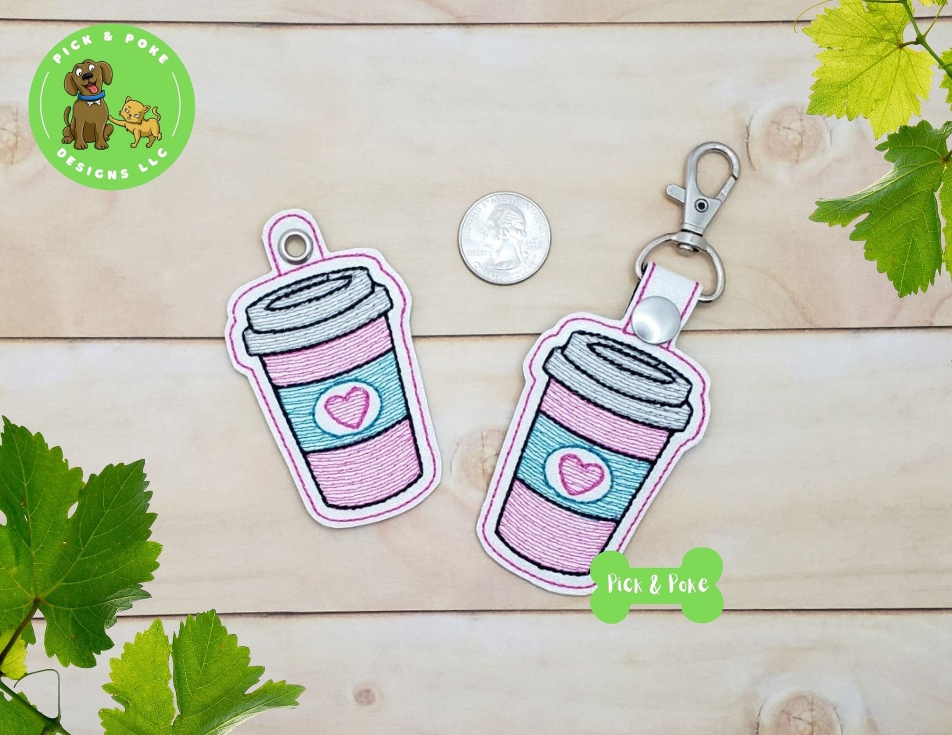 In the Hoop Embroidery Project Cute Coffee Cup with Heart Snap Tab and Eyelet Key Fob / Gift Tag / Digital File / Instant DOWNLOAD / ITHPick and Poke Designs