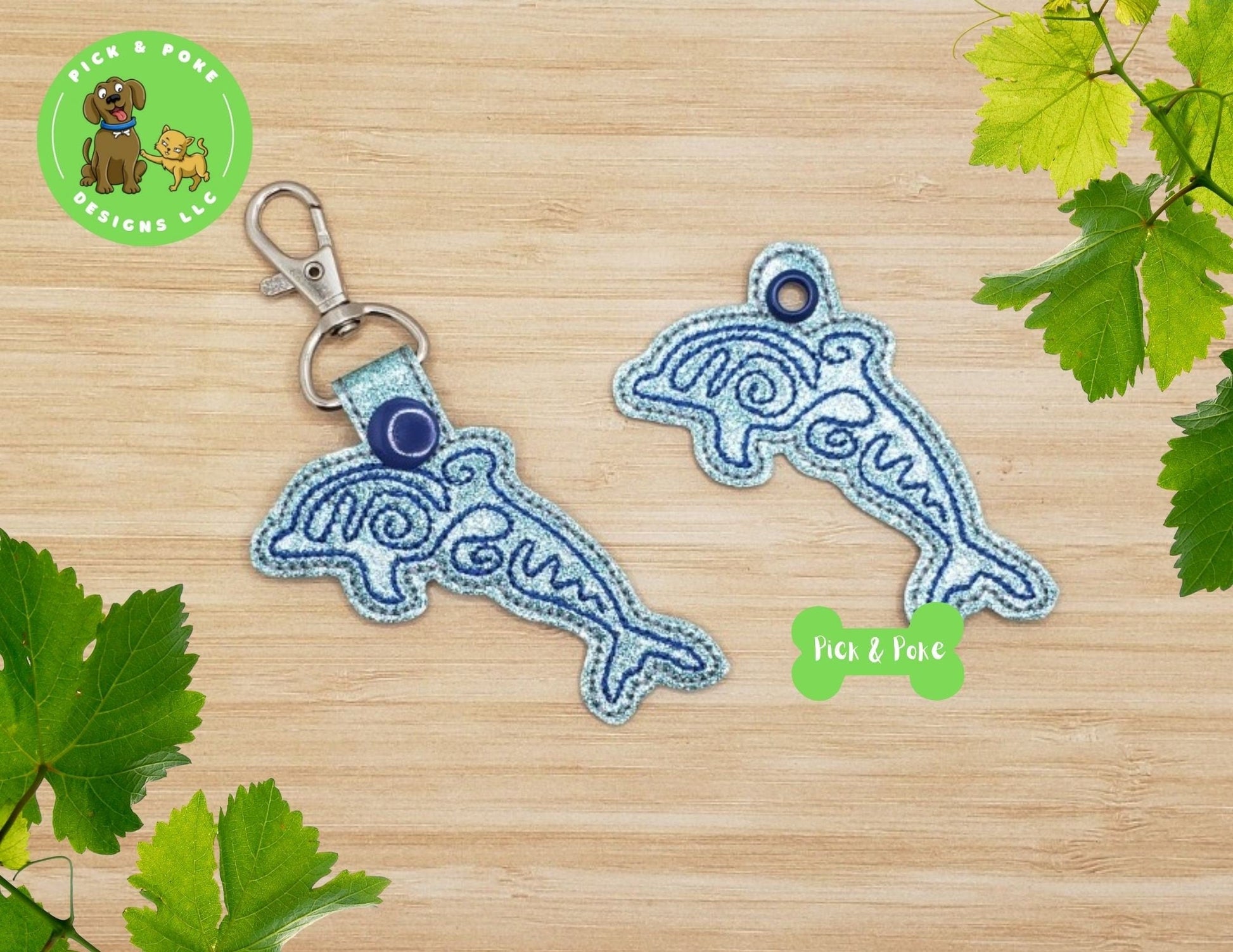 In the Hoop Embroidery Project Cute Dolphin Doodle Linework Snap Tab and Eyelet Key Fob / Gift Tag / Digital File / Instant DOWNLOAD / ITHPick and Poke Designs