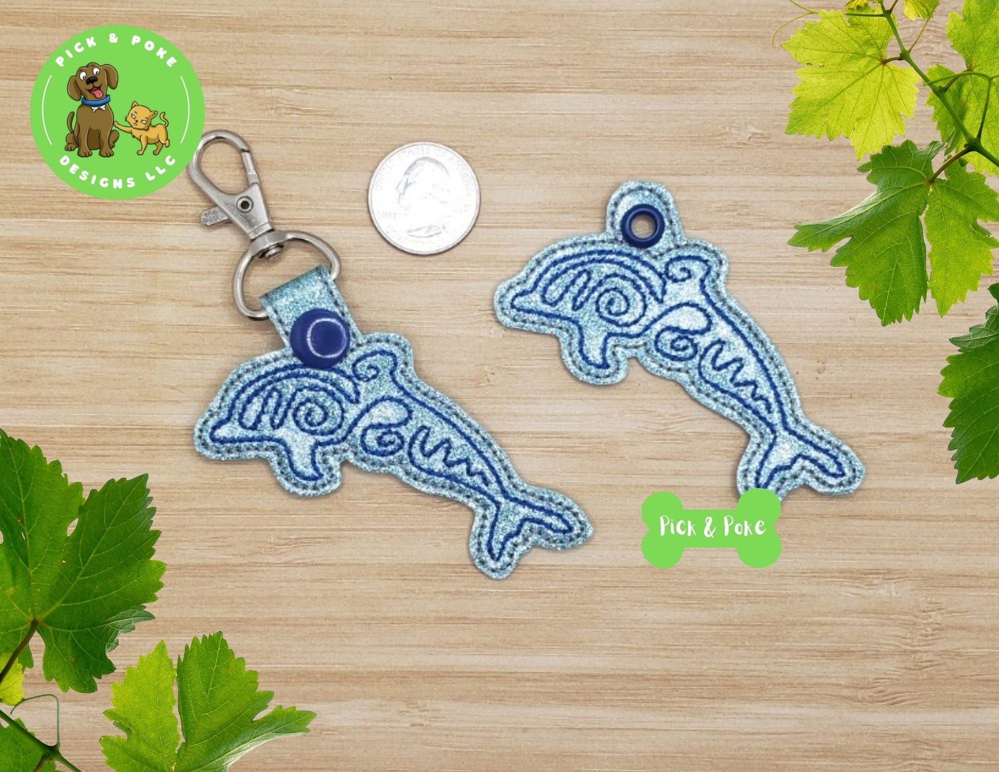 In the Hoop Embroidery Project Cute Dolphin Doodle Linework Snap Tab and Eyelet Key Fob / Gift Tag / Digital File / Instant DOWNLOAD / ITHPick and Poke Designs