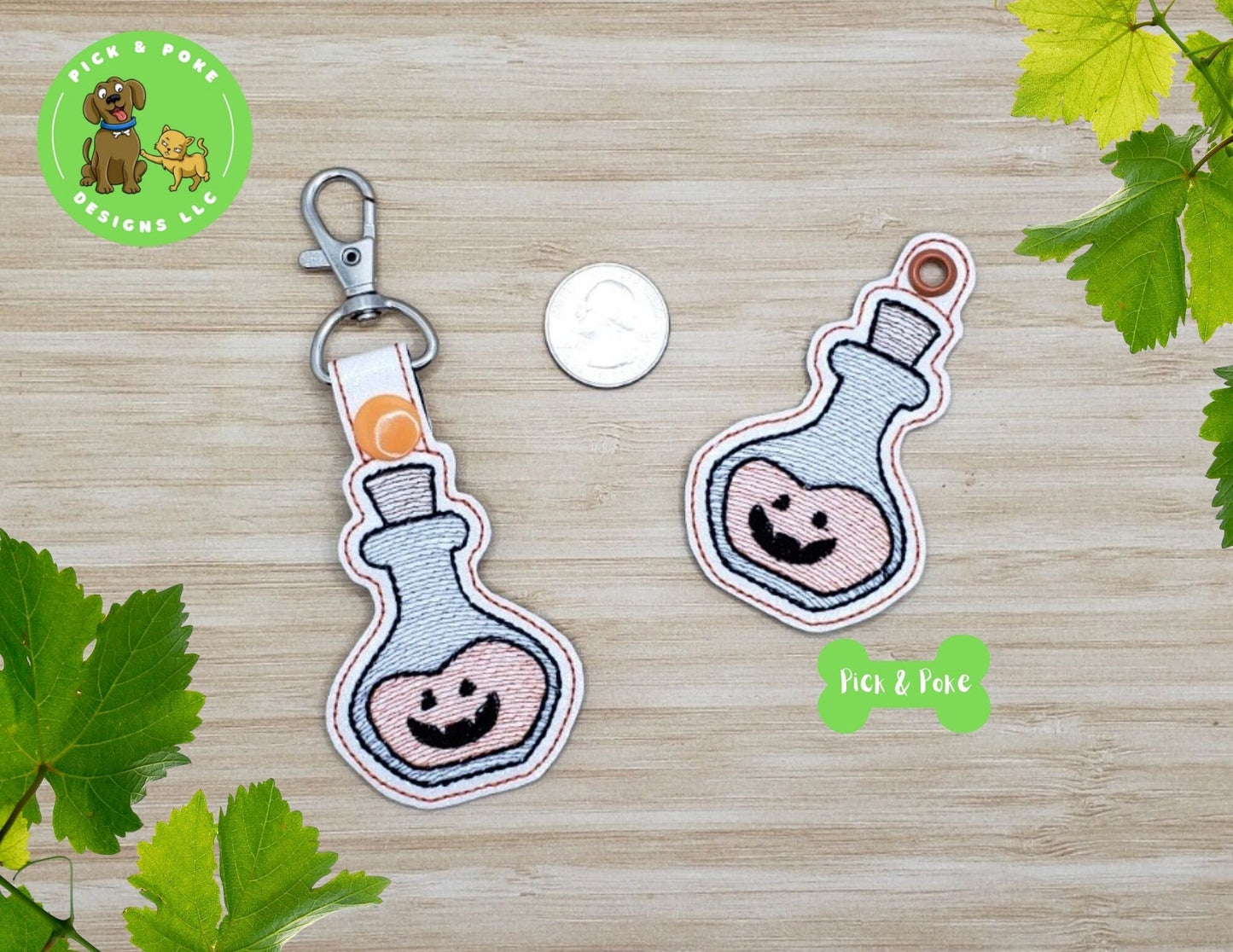 In the Hoop Embroidery Project Halloween Pumpkin Potion Bottle Snap Tab Eyelet Key Fob / Gift Tag / Digital File / Instant DOWNLOAD / ITHPick and Poke Designs