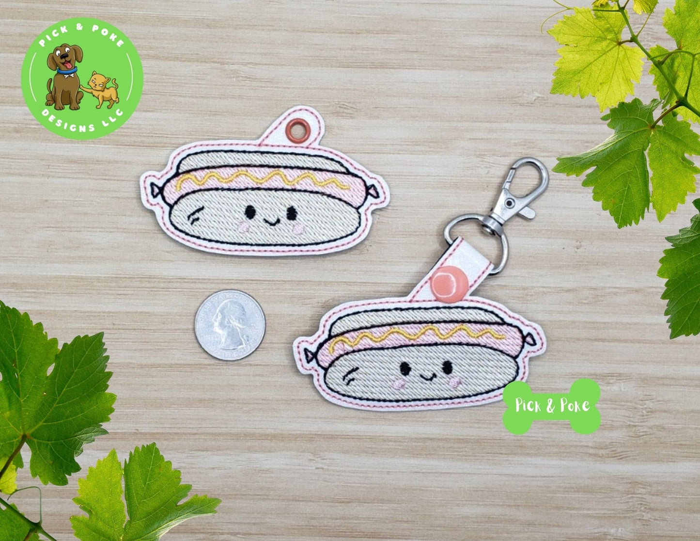 In the Hoop Embroidery Project Cute Kawaii Hot Dog Snap Tab and Eyelet Key Fob / Gift Tag / Digital File / Instant DOWNLOAD / ITHPick and Poke Designs