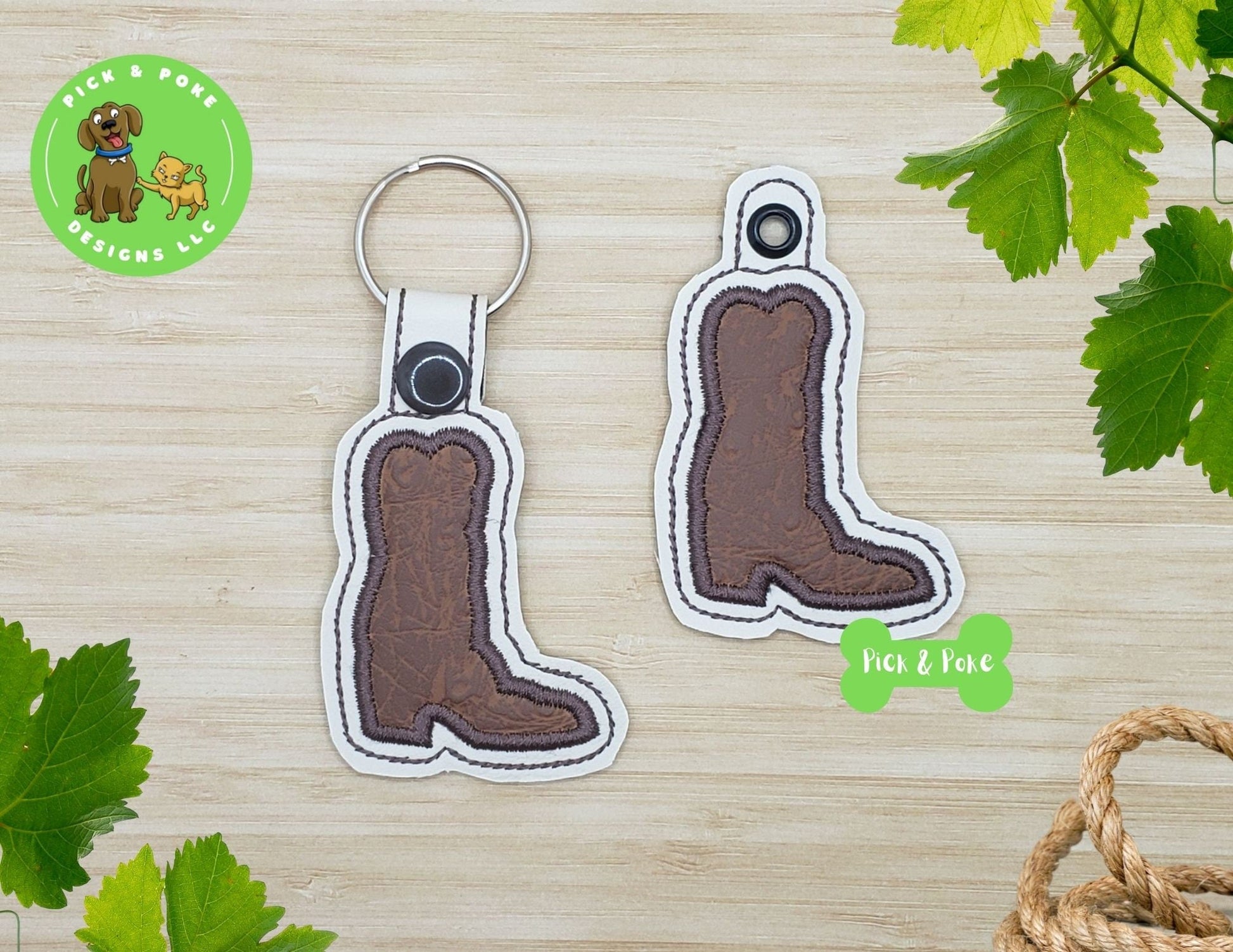 In the Hoop Embroidery Project Applique Cowboy Boot  Snap Tab and Eyelet Key Fob / Gift Tag / Digital File / Instant DOWNLOAD / ITHPick and Poke Designs