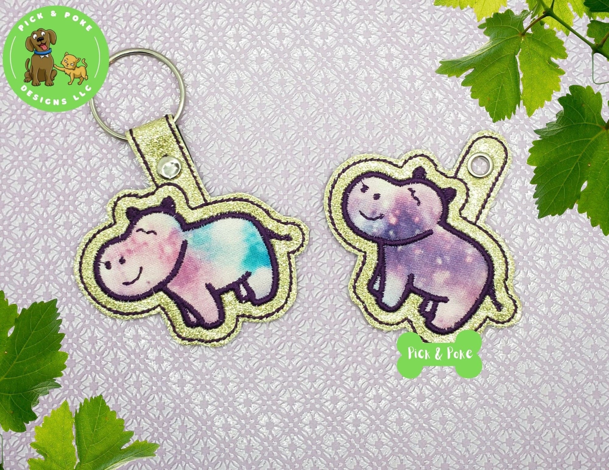 In the Hoop Embroidery Project Cute Applique Hippo Snap Tab and Eyelet Key Fob / Gift Tag / Digital File / Instant DOWNLOAD / ITHPick and Poke Designs