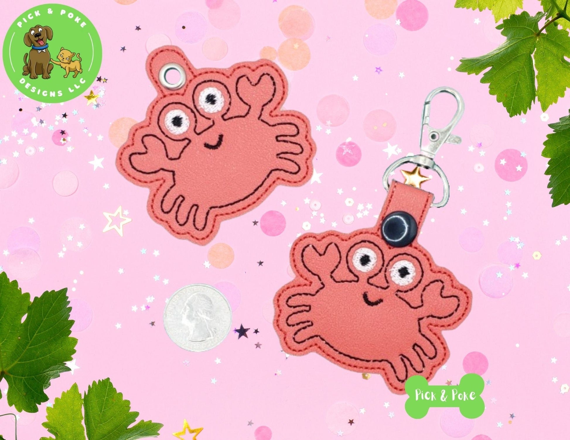In the Hoop Embroidery Project Cute Crab Ocean Outline / Snap Tab and Eyelet Key Fob / Gift Tag / Digital File / Instant DOWNLOAD / ITHPick and Poke Designs