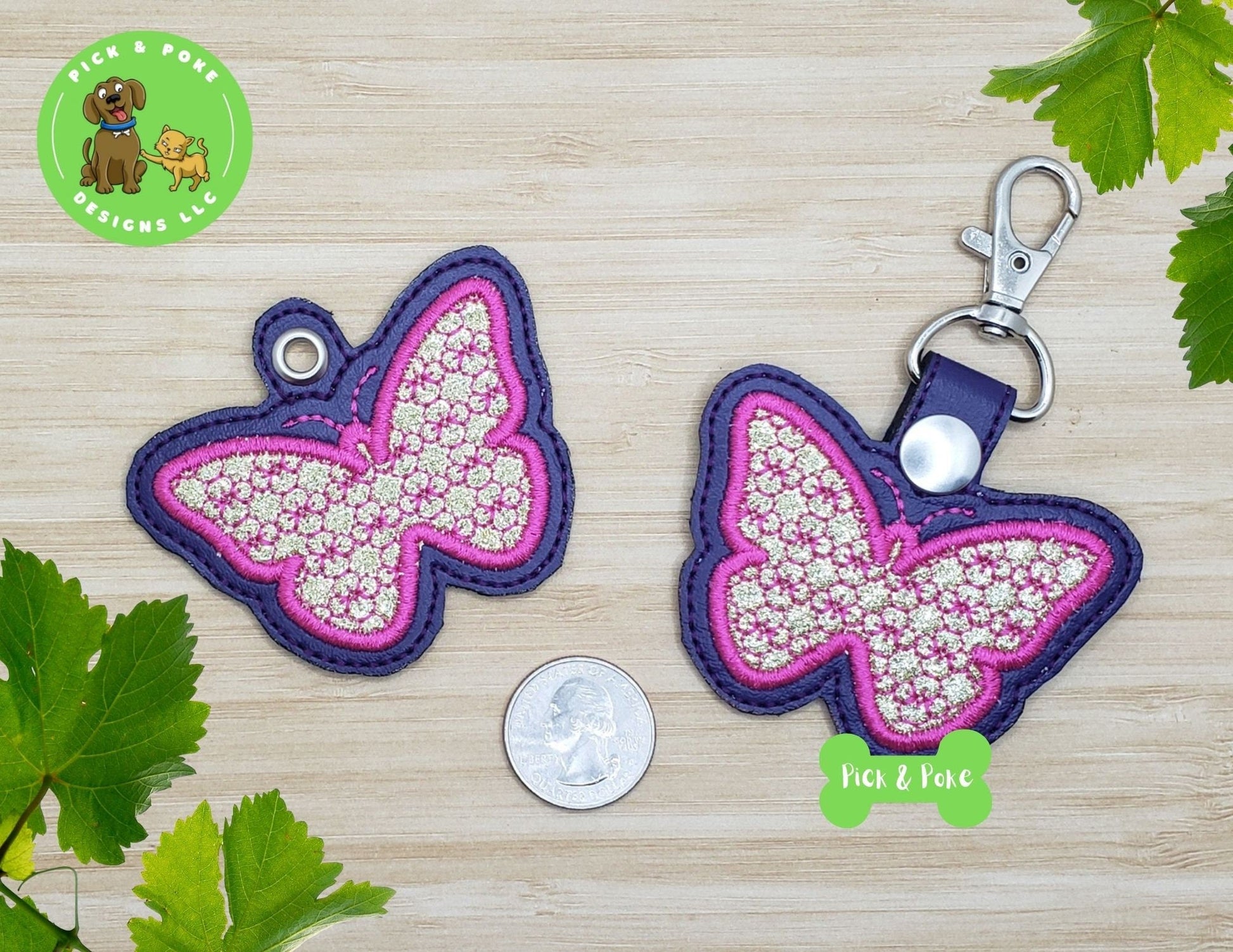 In the Hoop Embroidery Project Applique Butterfly with Motif Fill Snap Tab and Eyelet Key Fob / Gift Tag / Digital File / DOWNLOAD / ITHPick and Poke Designs
