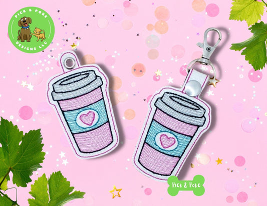 In the Hoop Embroidery Project Cute Coffee Cup with Heart Snap Tab and Eyelet Key Fob / Gift Tag / Digital File / Instant DOWNLOAD / ITHPick and Poke Designs