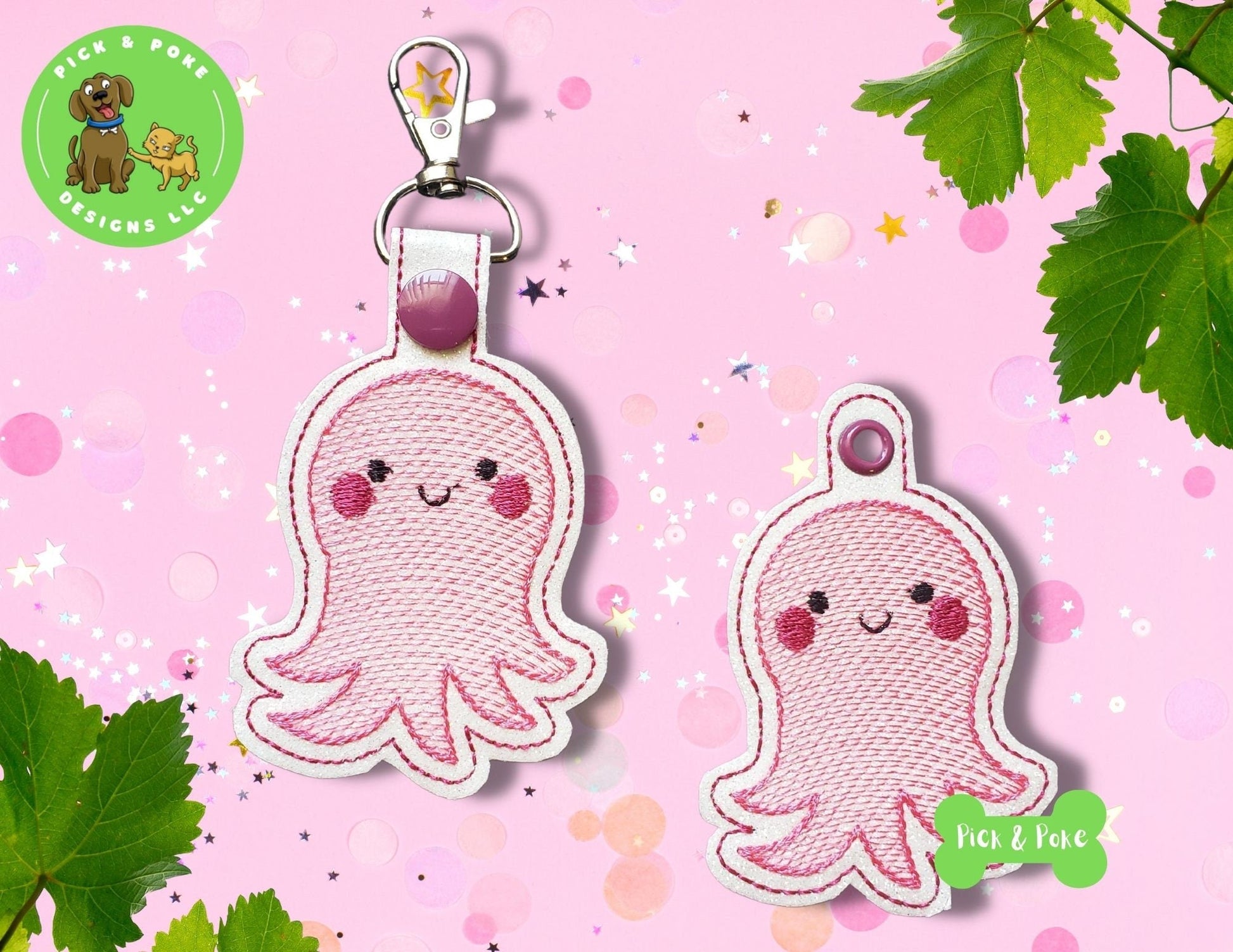 In the Hoop Embroidery Project / Cute Kawaii Octopus Snap Tab and Eyelet Key Fob / Gift Tag / Digital File / Instant DOWNLOAD / SetPick and Poke Designs