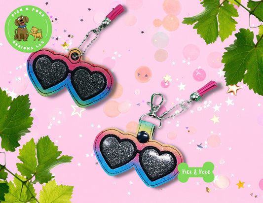 In the Hoop Embroidery Project / Heart Sunglasses Applique Snap Tab and Eyelet Key Fob / Digital File / Instant Download / Set / ITH Design