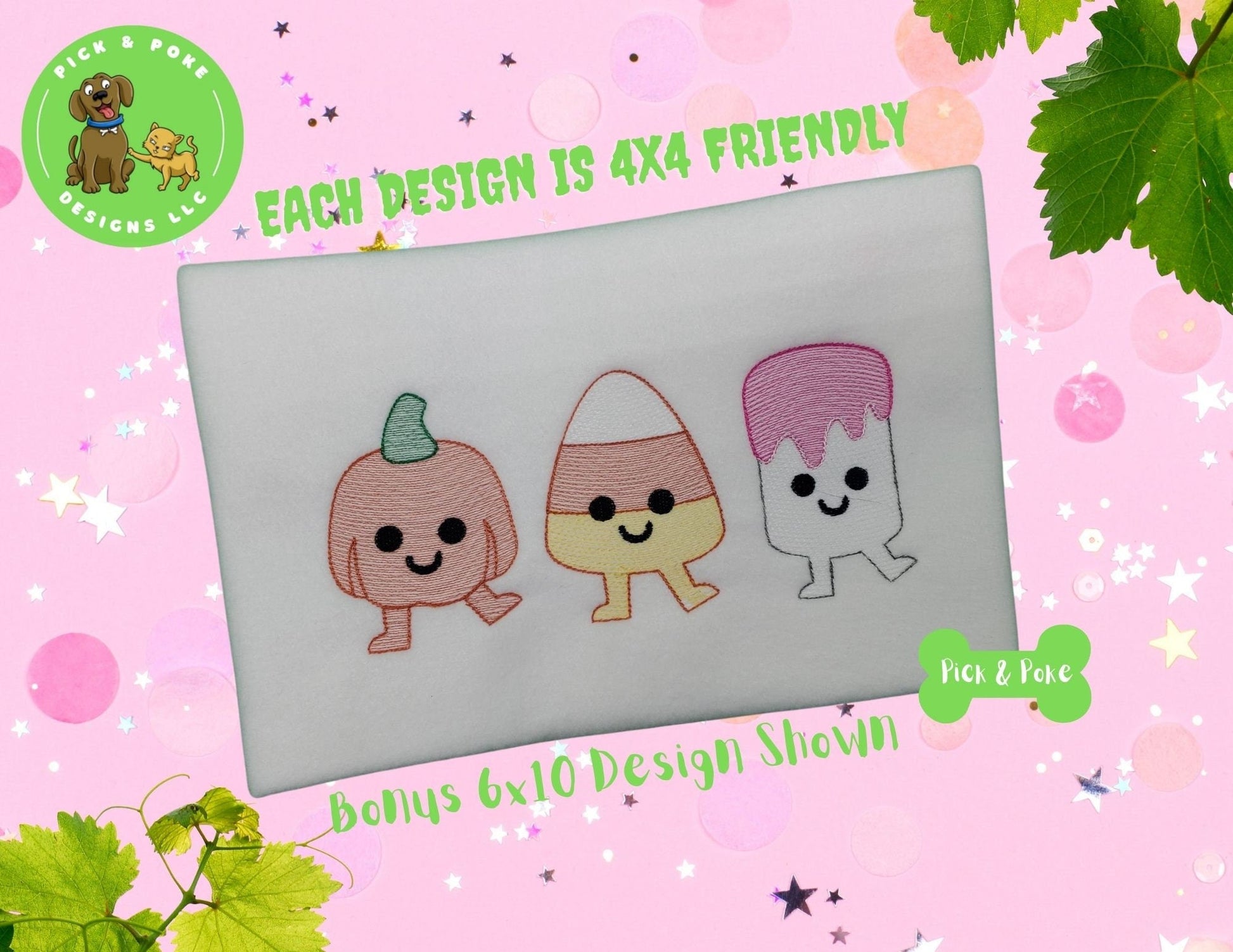 In the Hoop Embroidery Project / Halloween Cute Kawaii Candy Corn, Marshmallow, and Pumpkin Sketch Design / Digital File / Instant DOWNLOADPick and Poke Designs