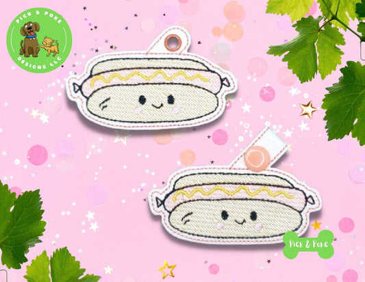 In the Hoop Embroidery Project Cute Kawaii Hot Dog Snap Tab and Eyelet Key Fob / Gift Tag / Digital File / Instant DOWNLOAD / ITHPick and Poke Designs