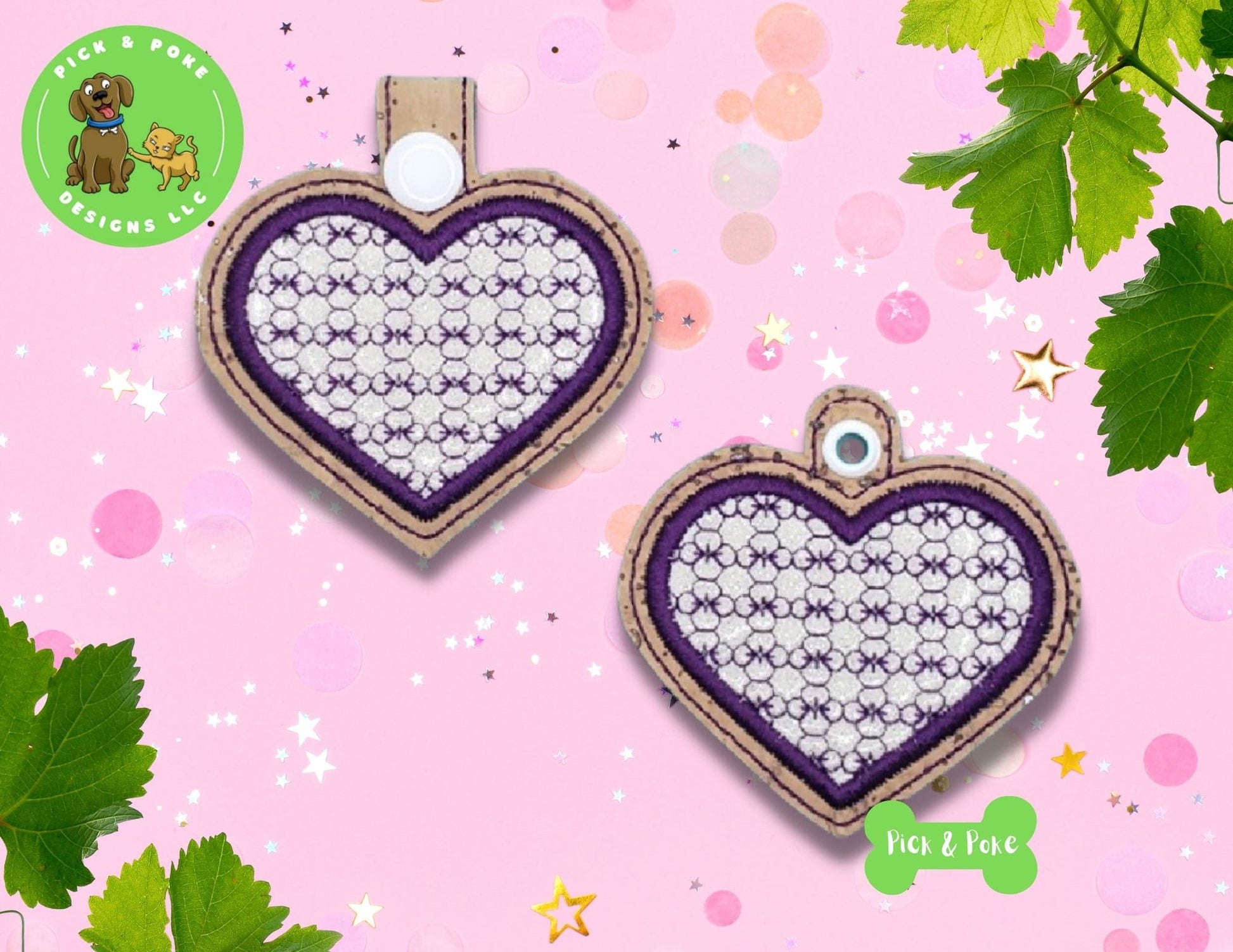 In the Hoop Embroidery Project / Applique Heart with Motif Snap Tab and Eyelet Key Fob / Gift Tag / Digital File / Instant DOWNLOAD / SetPick and Poke Designs