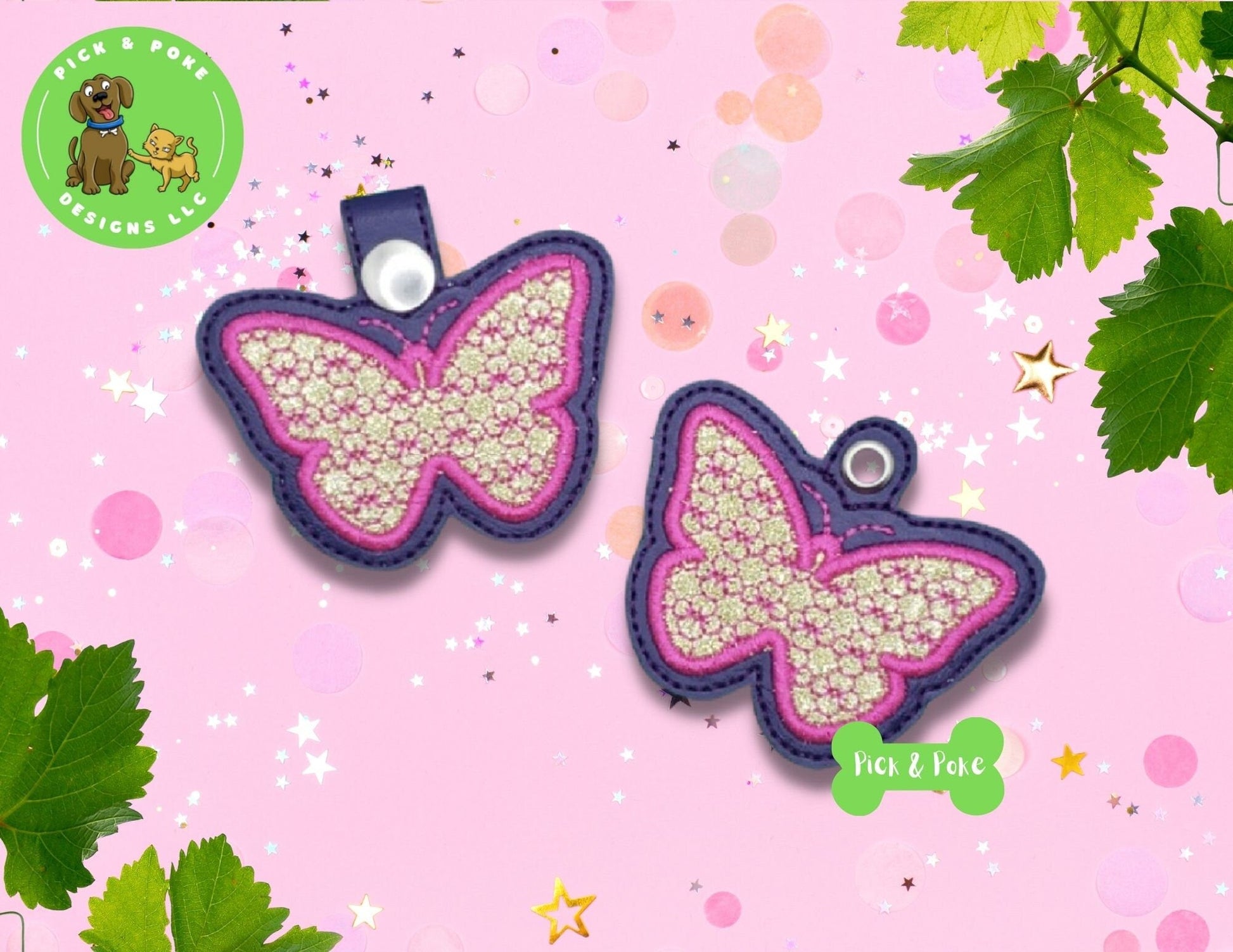 In the Hoop Embroidery Project Applique Butterfly with Motif Fill Snap Tab and Eyelet Key Fob / Gift Tag / Digital File / DOWNLOAD / ITHPick and Poke Designs