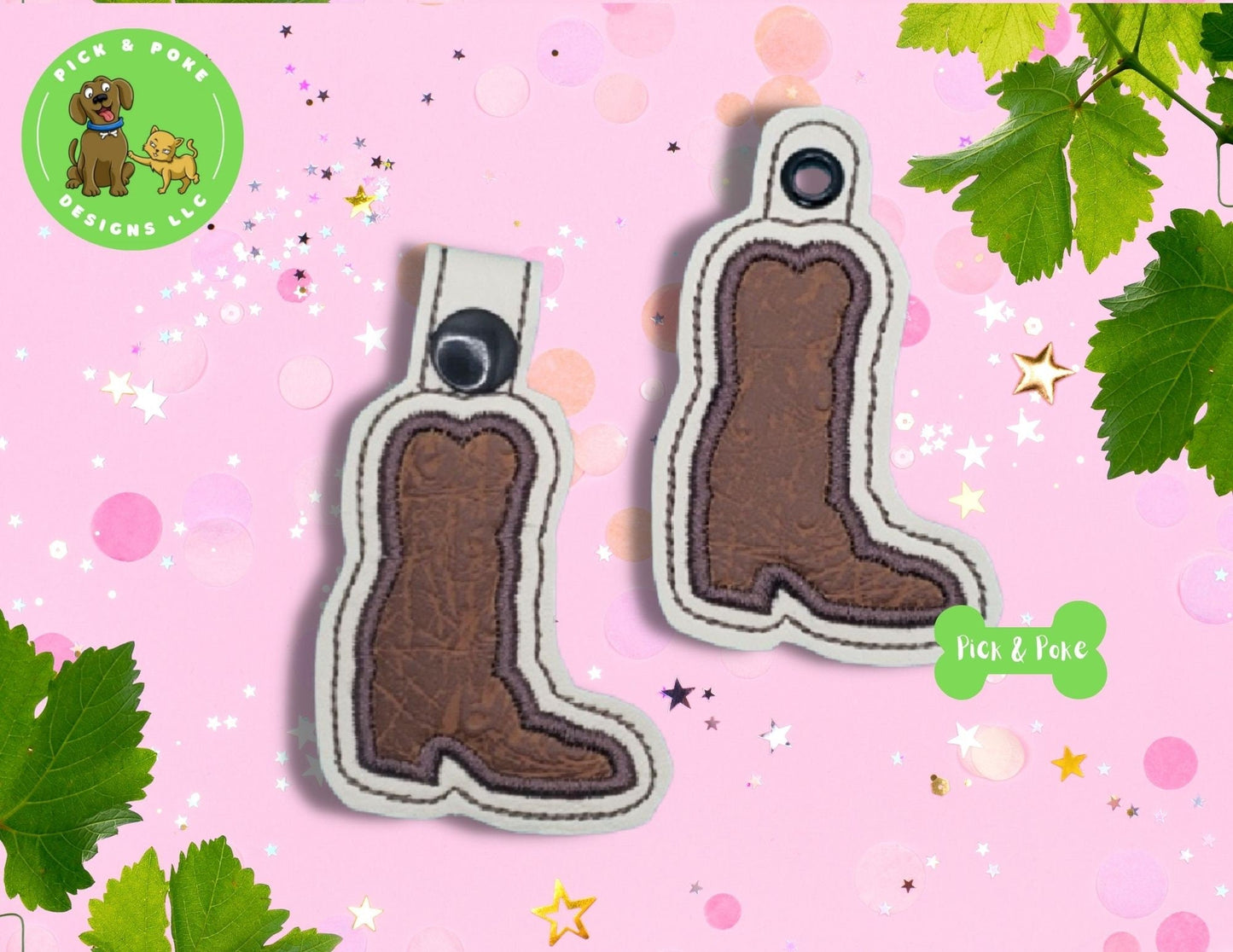In the Hoop Embroidery Project Applique Cowboy Boot  Snap Tab and Eyelet Key Fob / Gift Tag / Digital File / Instant DOWNLOAD / ITHPick and Poke Designs