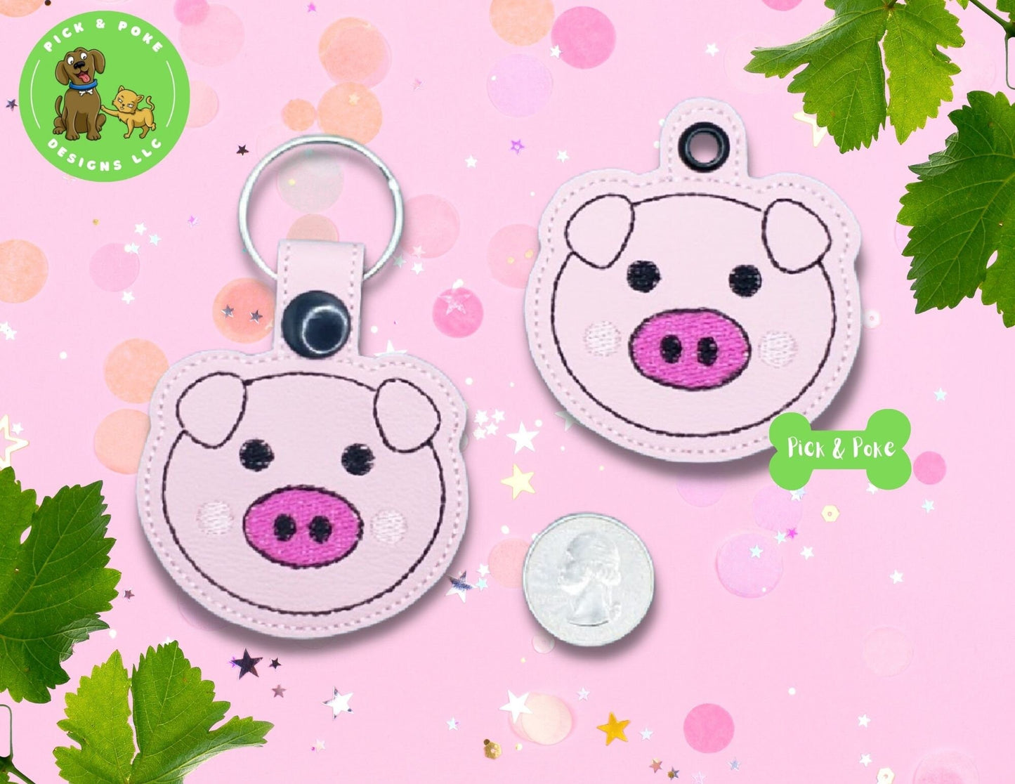 In the Hoop Embroidery Project Cute Pig  Face Outline / Snap Tab and Eyelet Key Fob Set / Gift Tag / Digital File / Instant DOWNLOAD / ITHPick and Poke Designs