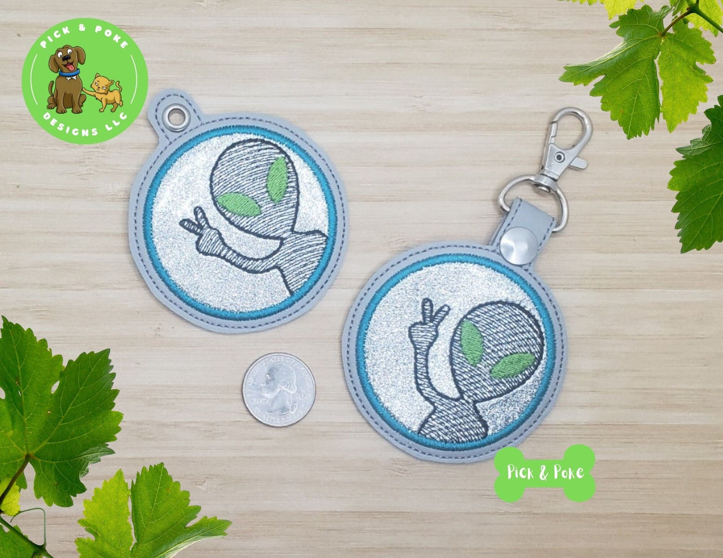 In the Hoop Embroidery Project Groovy Alien Peace Sign Sketch Fill Snap Tab and Eyelet Key Fob / Gift Tag / Digital File / Instant DOWNLOADPick and Poke Designs