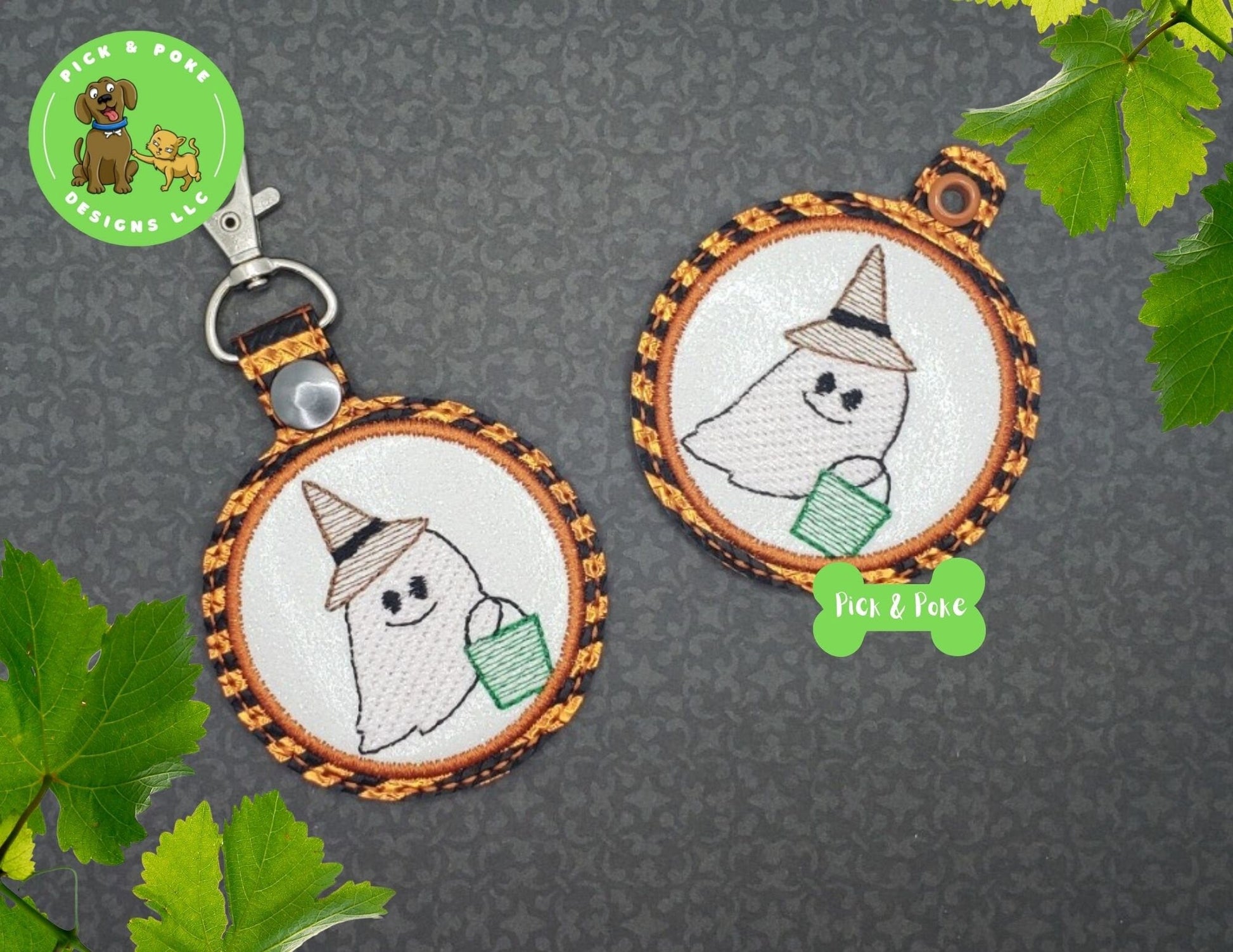 In the Hoop Embroidery Project Cute Ghost Sketch Fill Snap Tab and Eyelet Key Fob / Gift Tag / Digital File / Instant DOWNLOAD / ITHPick and Poke Designs