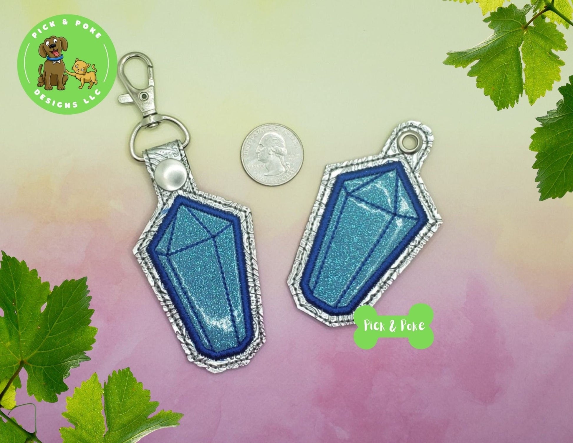 In the Hoop Embroidery Project Cute Applique Crystal Gem Snap Tab and Eyelet Key Fob / Gift Tag / Digital File / Instant DOWNLOAD / ITHPick and Poke Designs