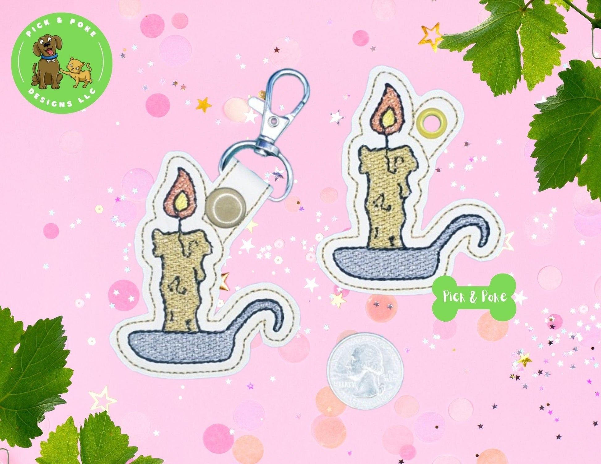 In the Hoop Embroidery Project Spooky Candle Flame / Snap Tab and Eyelet Key Fob / Gift Tag / Digital File / Instant DOWNLOAD / ITH SetPick and Poke Designs