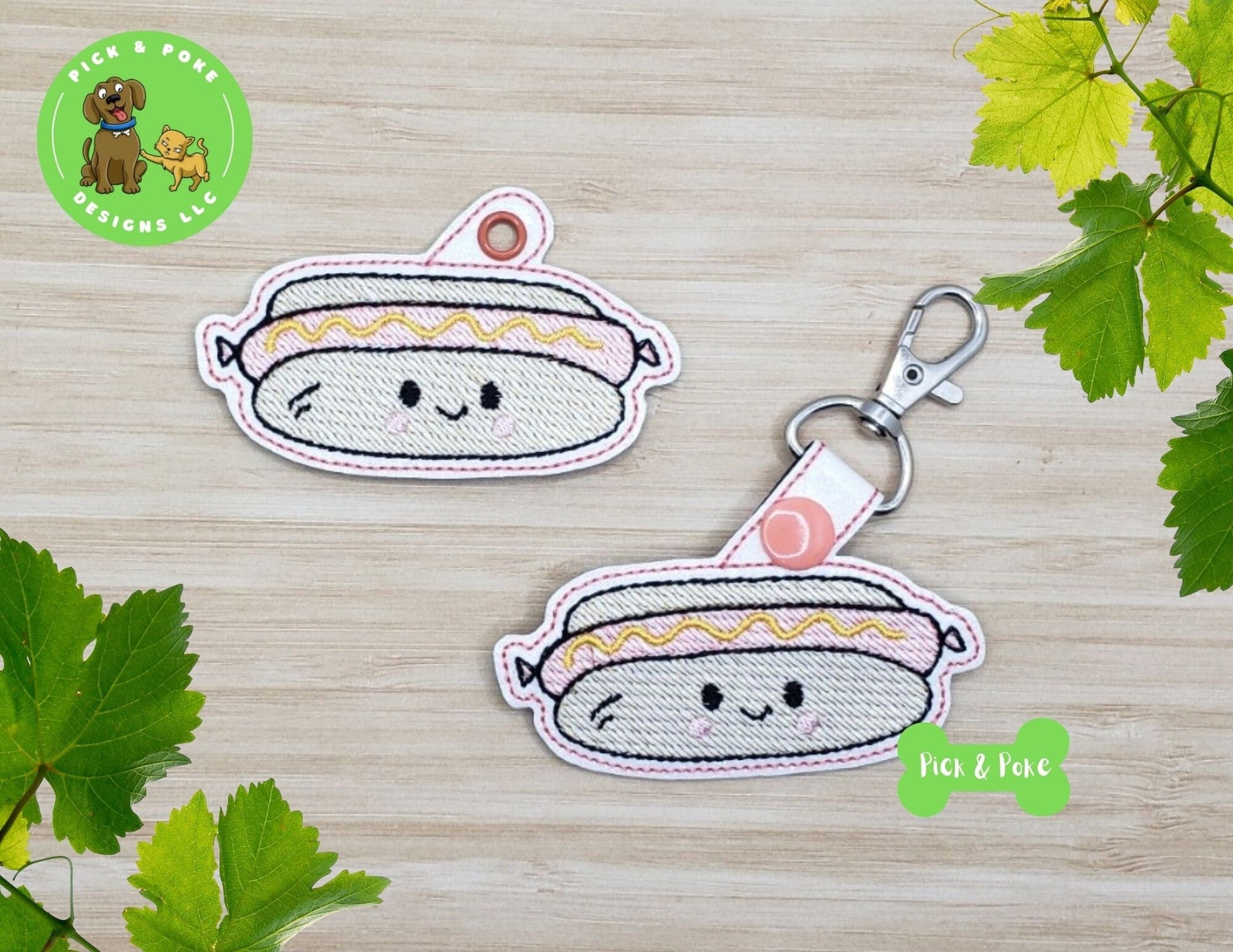 In the Hoop Embroidery Project Cute Kawaii Hot Dog Snap Tab and Eyelet Key Fob / Gift Tag / Digital File / Instant DOWNLOAD / ITHPick and Poke Designs