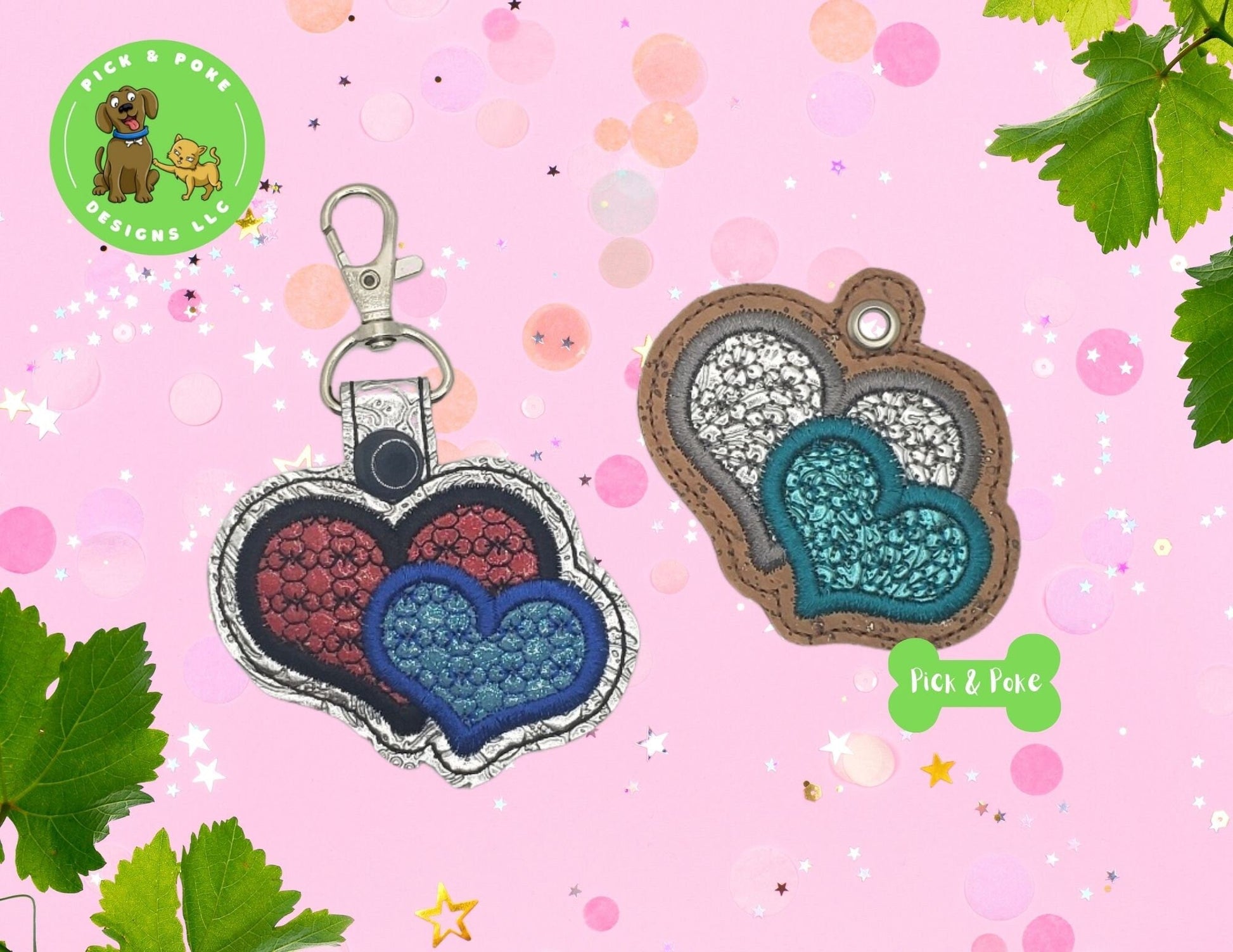 In the Hoop Embroidery Project Double Heart Motif Fill Key Fob Snap Tab and Eyelet Key Fob / Gift Tag / Digital File /Instant DOWNLOAD / ITHPick and Poke Designs