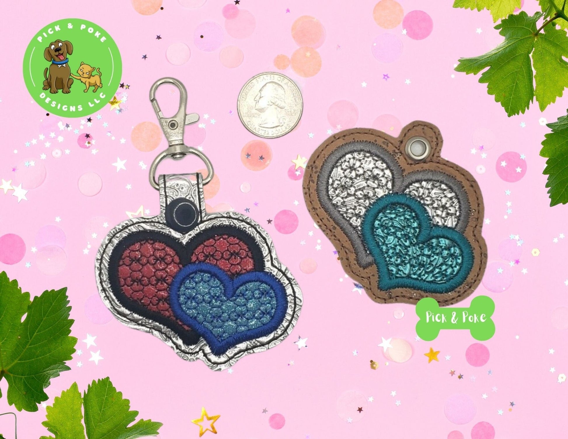 In the Hoop Embroidery Project Double Heart Motif Fill Key Fob Snap Tab and Eyelet Key Fob / Gift Tag / Digital File /Instant DOWNLOAD / ITHPick and Poke Designs