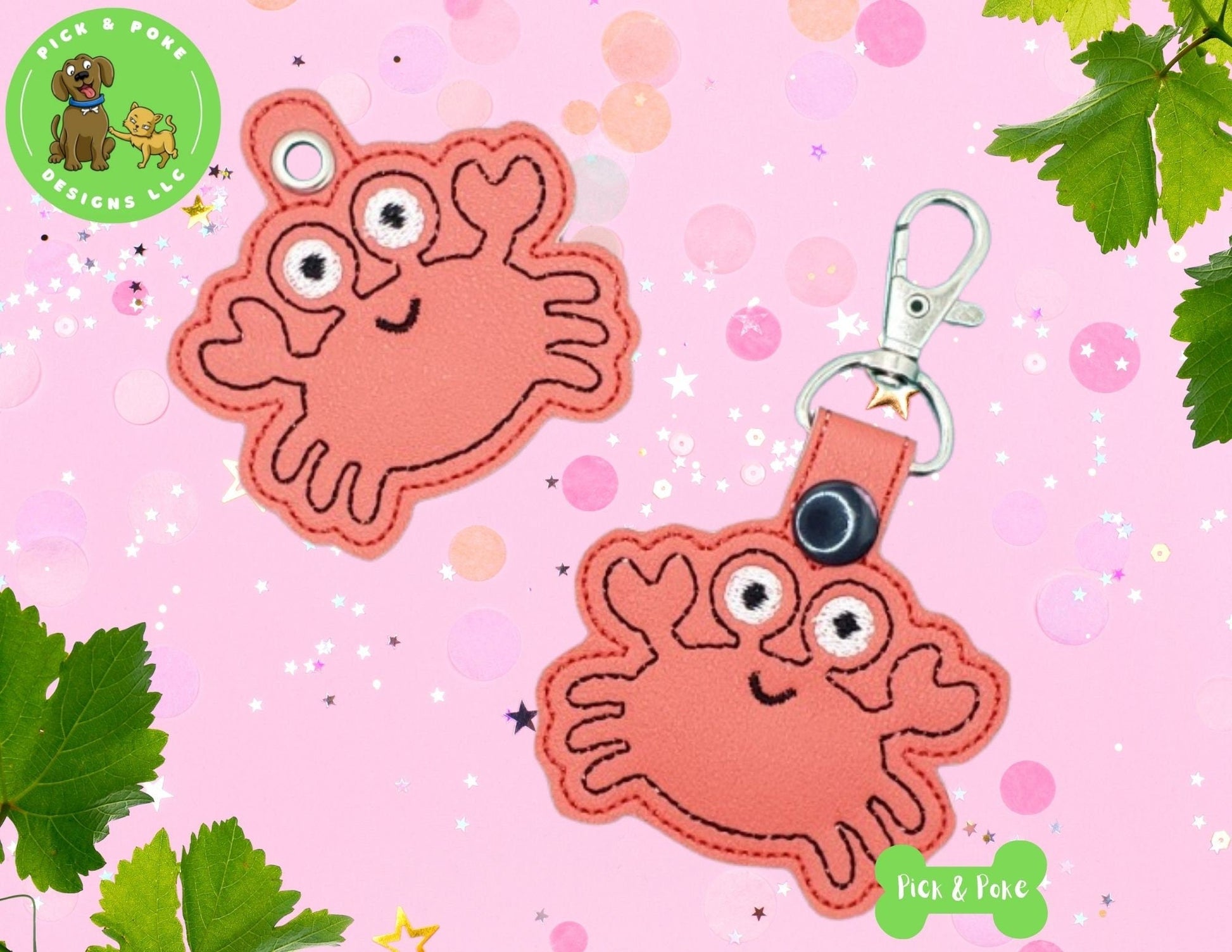 In the Hoop Embroidery Project Cute Crab Ocean Outline / Snap Tab and Eyelet Key Fob / Gift Tag / Digital File / Instant DOWNLOAD / ITHPick and Poke Designs