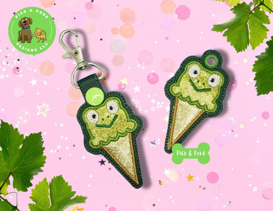 In the Hoop Embroidery Project Cute Applique Frog Ice Cream Snap Tab and Eyelet Key Fob / Gift Tag / Digital File / Instant DOWNLOAD / ITHPick and Poke Designs