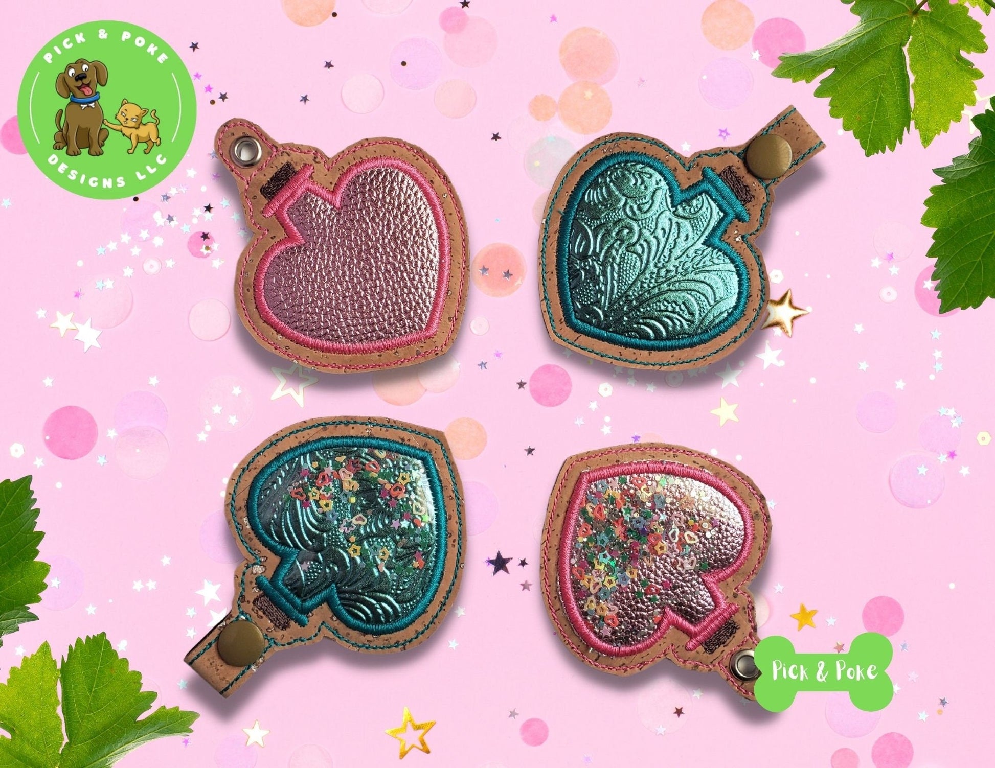 In the Hoop Embroidery Project / Applique Heart Potion Bottle Snap Tab and Eyelet Key Fob / Gift Tag / Digital File / Instant DOWNLOAD / SetPick and Poke Designs
