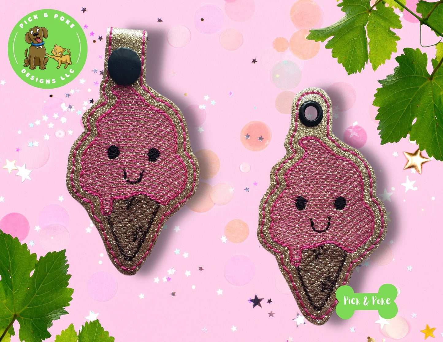 In the Hoop Embroidery Project / Cute Kawaii Ice Cream Snap Tab and Eyelet Key Fob / Gift Tag / Digital File / Instant DOWNLOAD / SetPick and Poke Designs