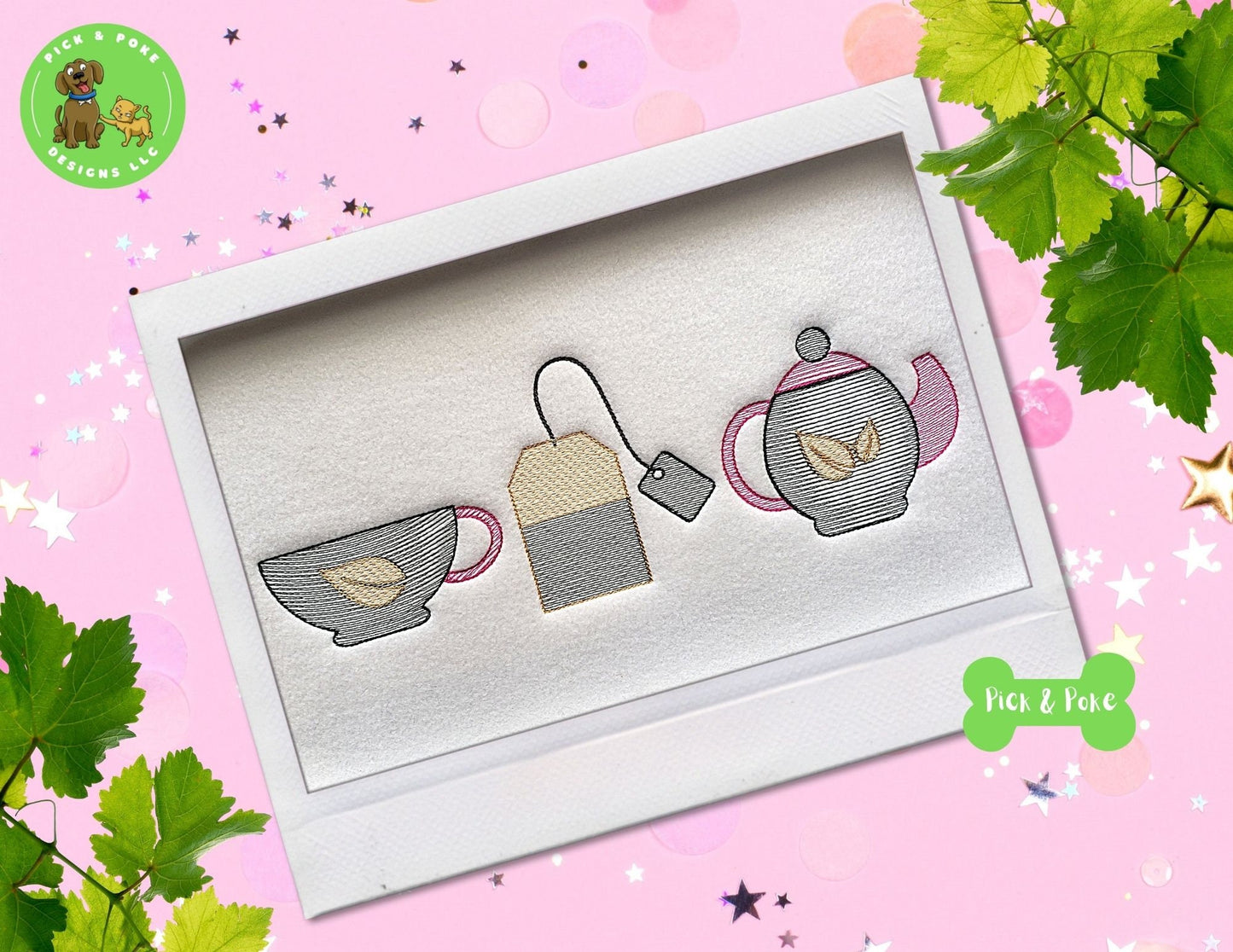 In the Hoop Embroidery Project / Tea Pot Set with Cup, Tea Bag, and Kettle / Sketch Fill / File / Instant Download / Digital File / 3 Sizes