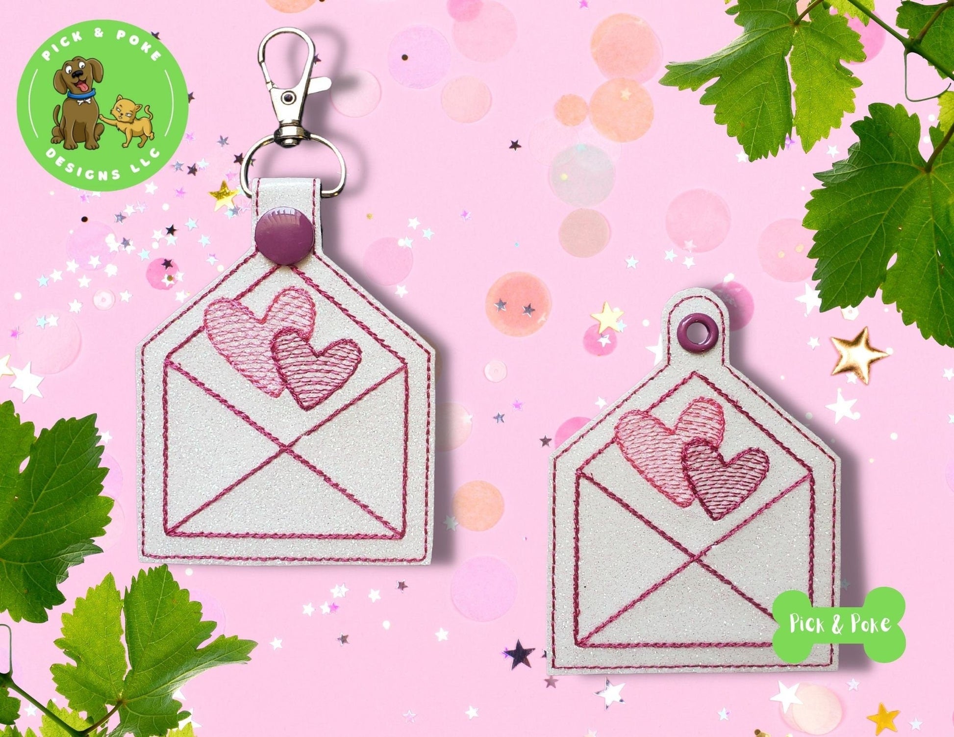 In the Hoop Embroidery Project / Hearts Love Letter Snap Tab and Eyelet Key Fob / Gift Tag / Digital File / Instant DOWNLOAD / SetPick and Poke Designs