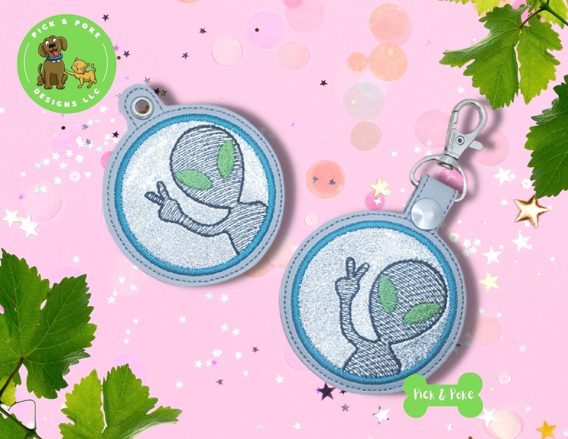 In the Hoop Embroidery Project Groovy Alien Peace Sign Sketch Fill Snap Tab and Eyelet Key Fob / Gift Tag / Digital File / Instant DOWNLOADPick and Poke Designs