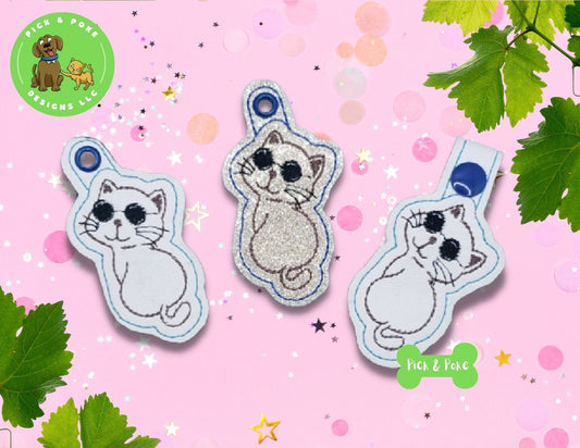 In the Hoop Embroidery Project Cute Cool Cat with Sunglasses Snap Tab and Eyelet Key Fob / Gift Tag / Digital File / Instant DOWNLOAD / ITHPick and Poke Designs