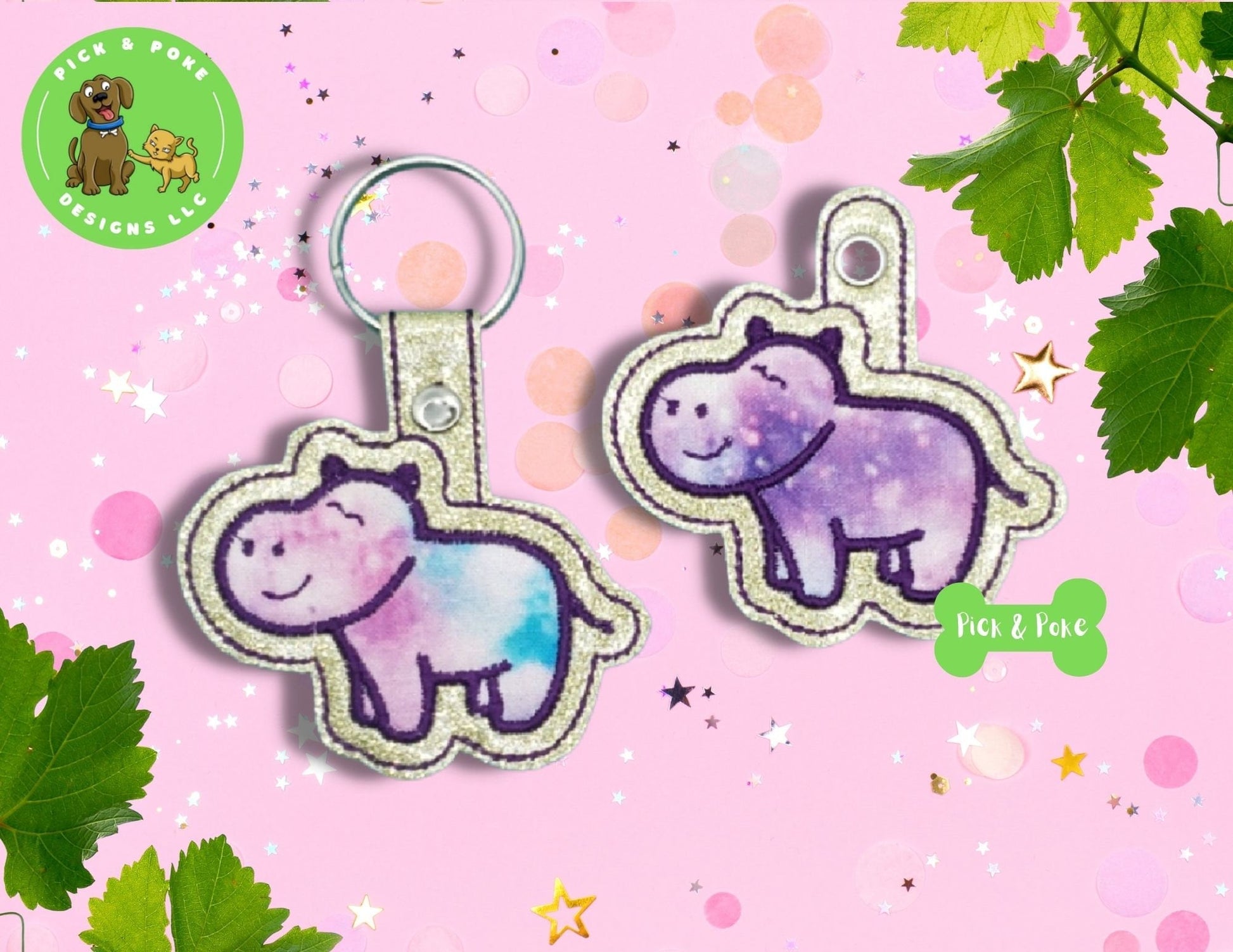 In the Hoop Embroidery Project Cute Applique Hippo Snap Tab and Eyelet Key Fob / Gift Tag / Digital File / Instant DOWNLOAD / ITHPick and Poke Designs