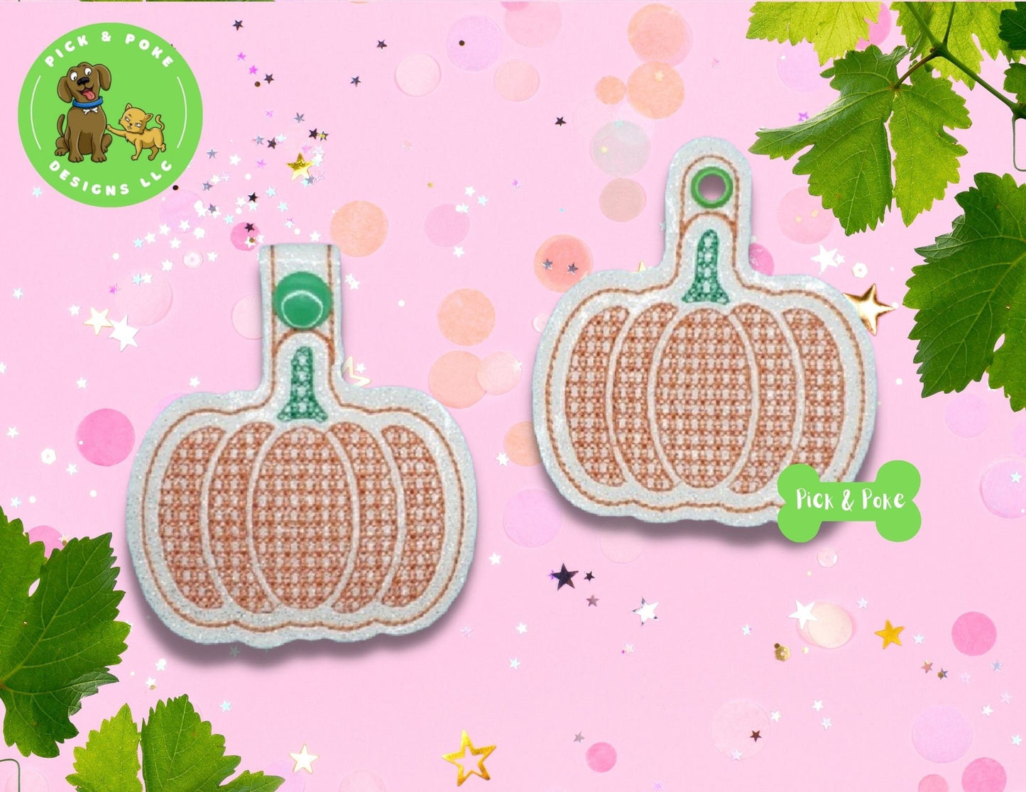 In the Hoop Embroidery Project Pumpkin with Decorative Motif Stitch Snap Tab and Eyelet Key Fob / Gift Tag / Digital File / DOWNLOAD / ITHPick and Poke Designs