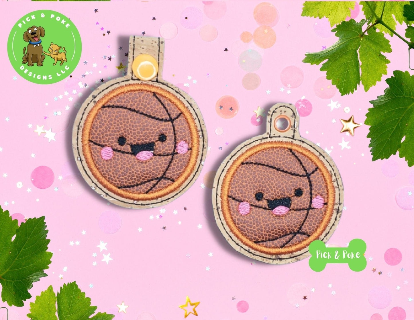 In the Hoop Embroidery Project Cute Kawaii Basketball Applique Snap Tab Eyelet Key Fob / Gift Tag / Digital File / Instant DOWNLOAD / ITHPick and Poke Designs