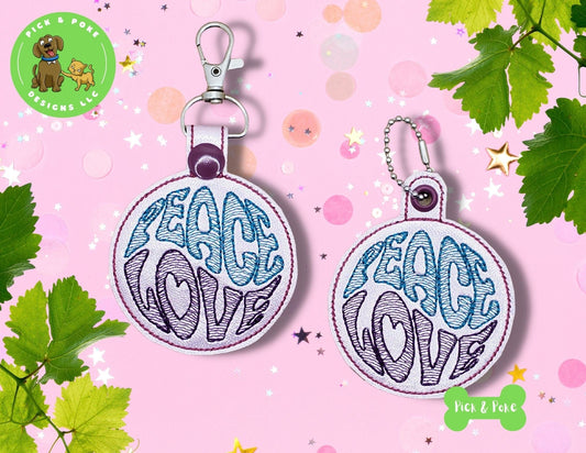In the Hoop Embroidery Project / Peace Love Hippie 70s Snap Tab and Eyelet Key Fob / Gift Tag  / ITH / Digital File / Instant DOWNLOAD / SetPick and Poke Designs