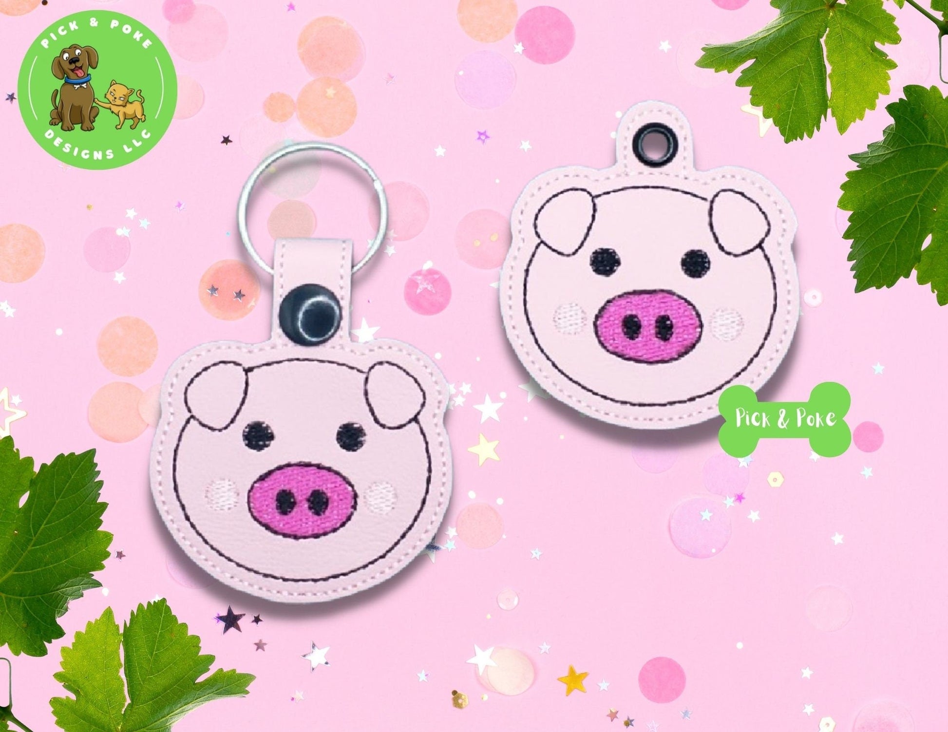 In the Hoop Embroidery Project Cute Pig  Face Outline / Snap Tab and Eyelet Key Fob Set / Gift Tag / Digital File / Instant DOWNLOAD / ITHPick and Poke Designs